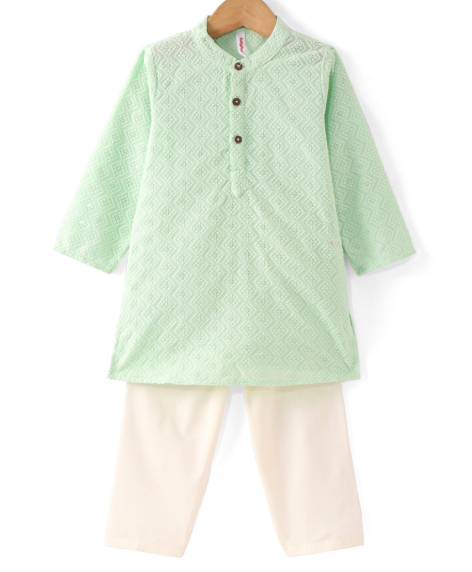 Babyhug Cambric Woven Full Sleeves Embroidered Kurta & Pyjama Set - Green-picture-28