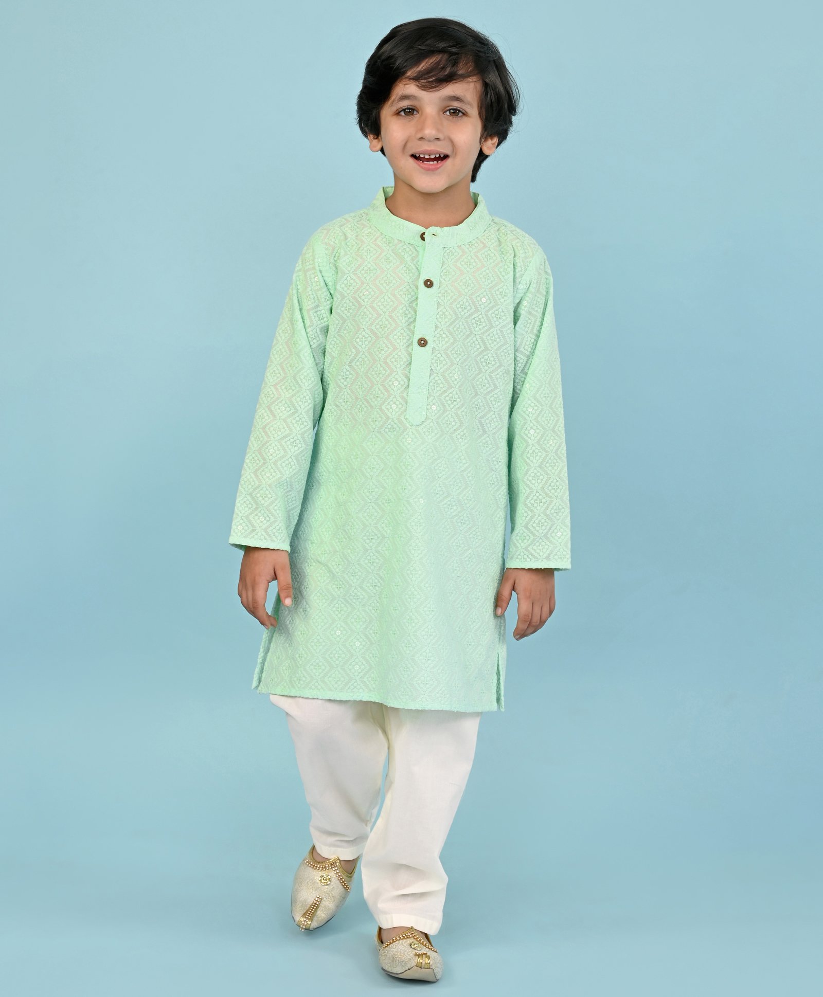Babyhug Cambric Full Sleeves Embroidered Kurta & Pyjama Set - Mint Green-image-21
