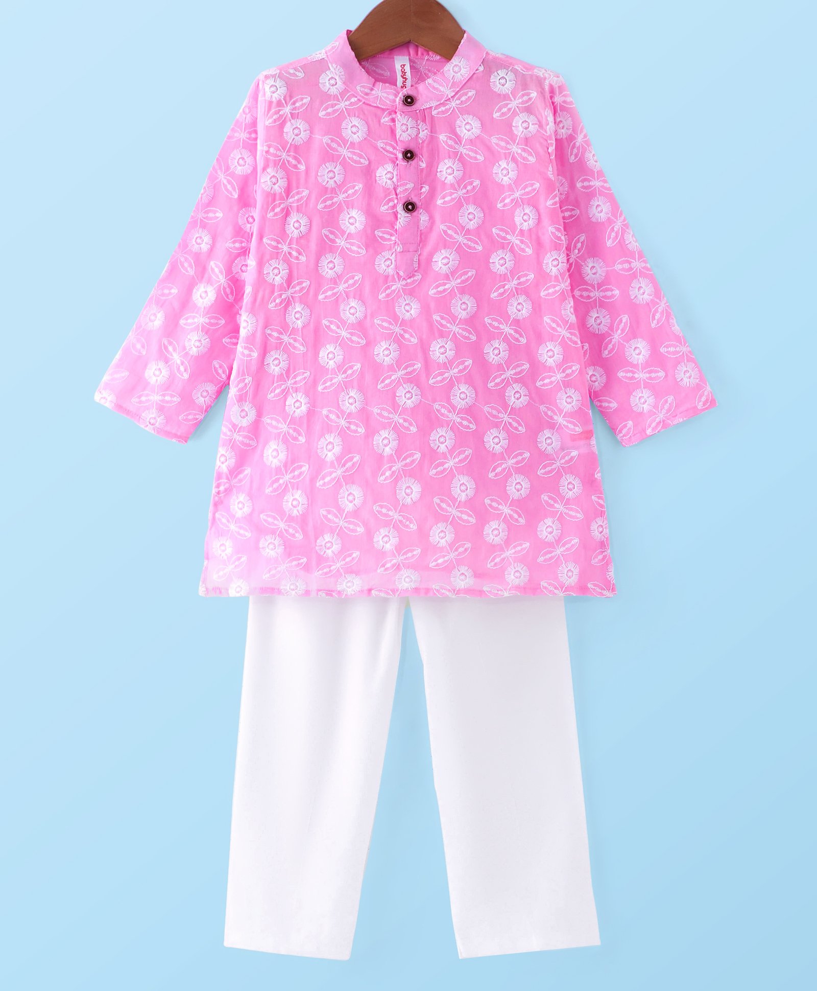 Babyhug Cotton Cambric Woven Full Sleeves Floral Embroidered Kurta Pyjama Set - Pink-picture-18