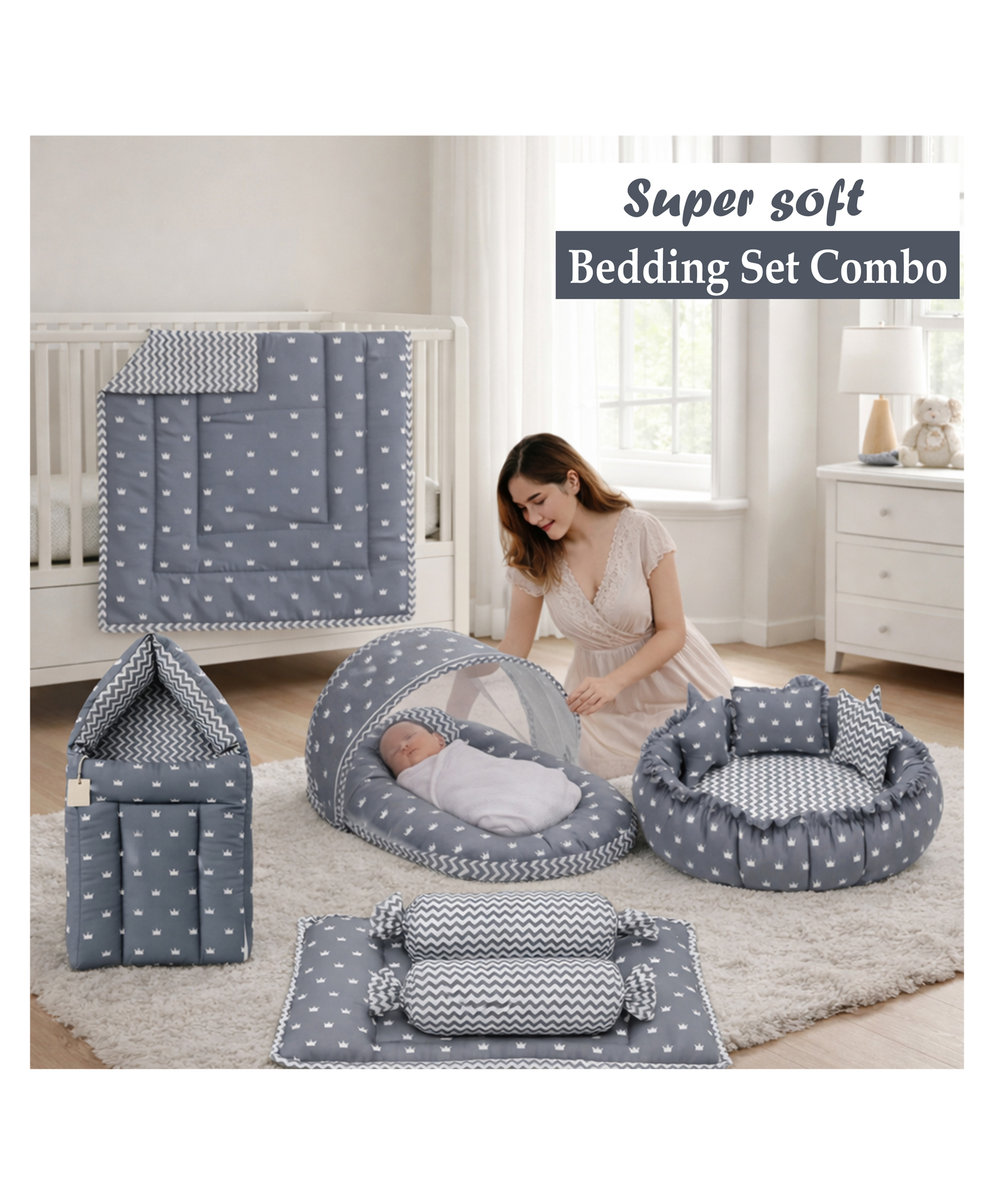 Fareto New Born Baby Full Bedding Set Combo Crown Grey-image-31