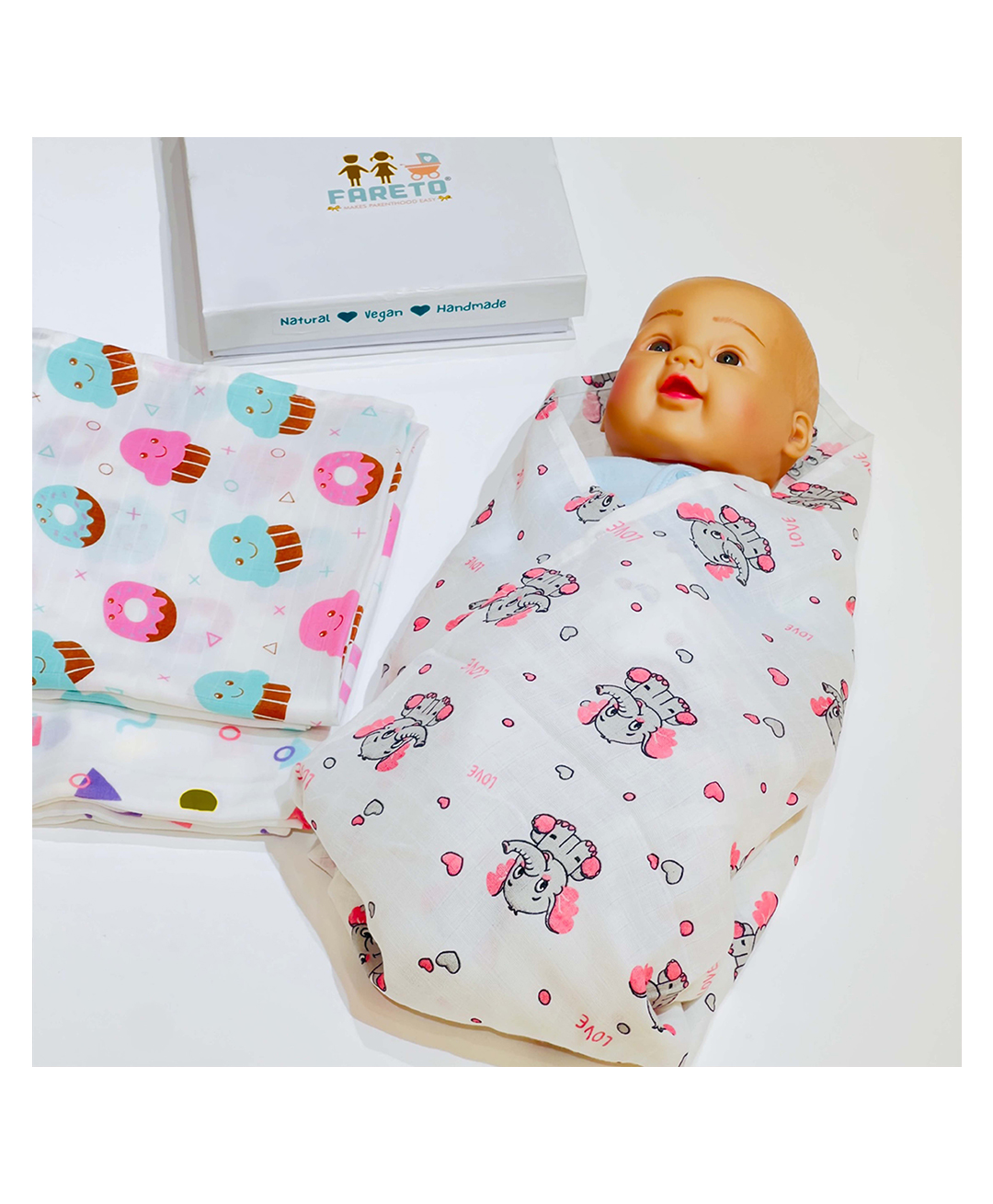 Fareto 100% Cotton Muslin Baby Swaddle Set  Printed Muslin Swaddle Wrap for New Born Baby  Size-100cm x 100cm    Pack of 3 White Print Colours and Designs May vary)-image-33