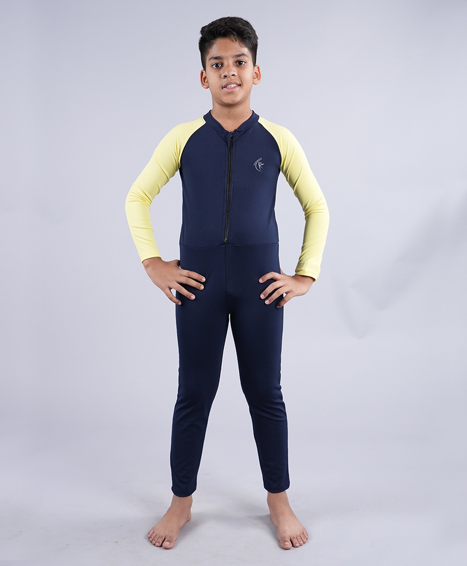 Kiddopanti Raglan Full Sleeves Solid Swimsuit - Navy & Yellow-image-16