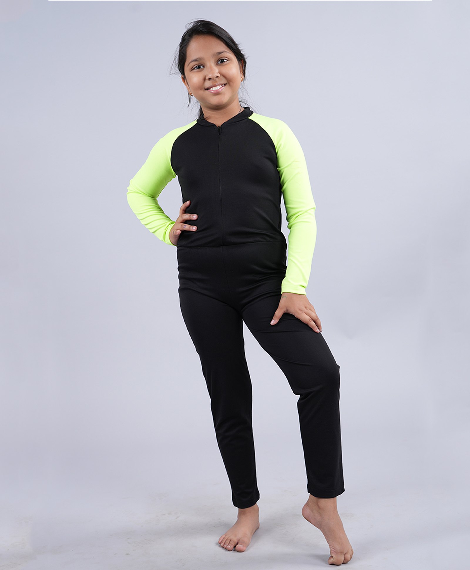 Kiddopanti Raglan Full Sleeves Solid Swimsuit - Black & Neon Green-image-38