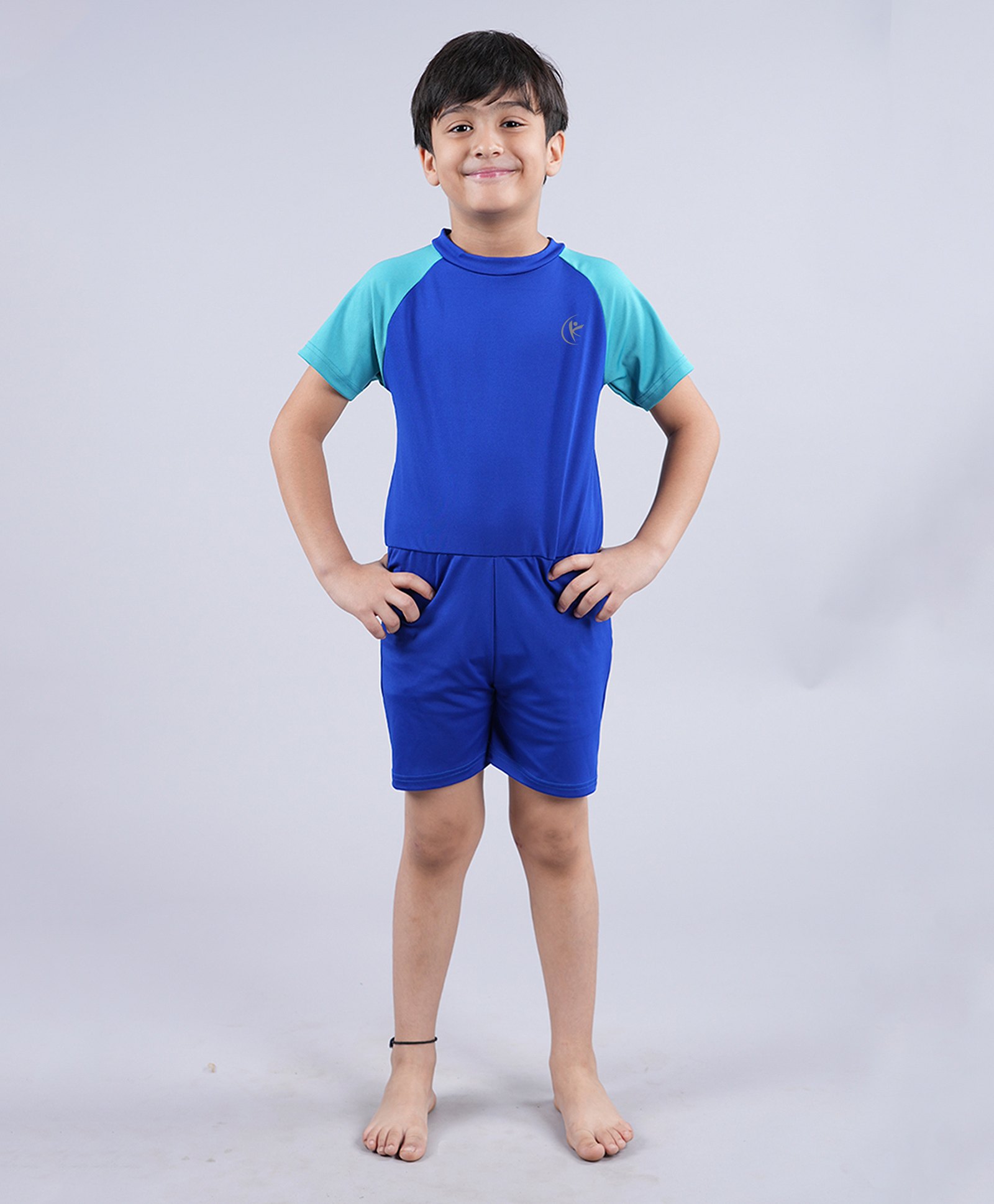 Kiddopanti Raglan Half Sleeves Solid Swimsuit - Royal Blue-image-33