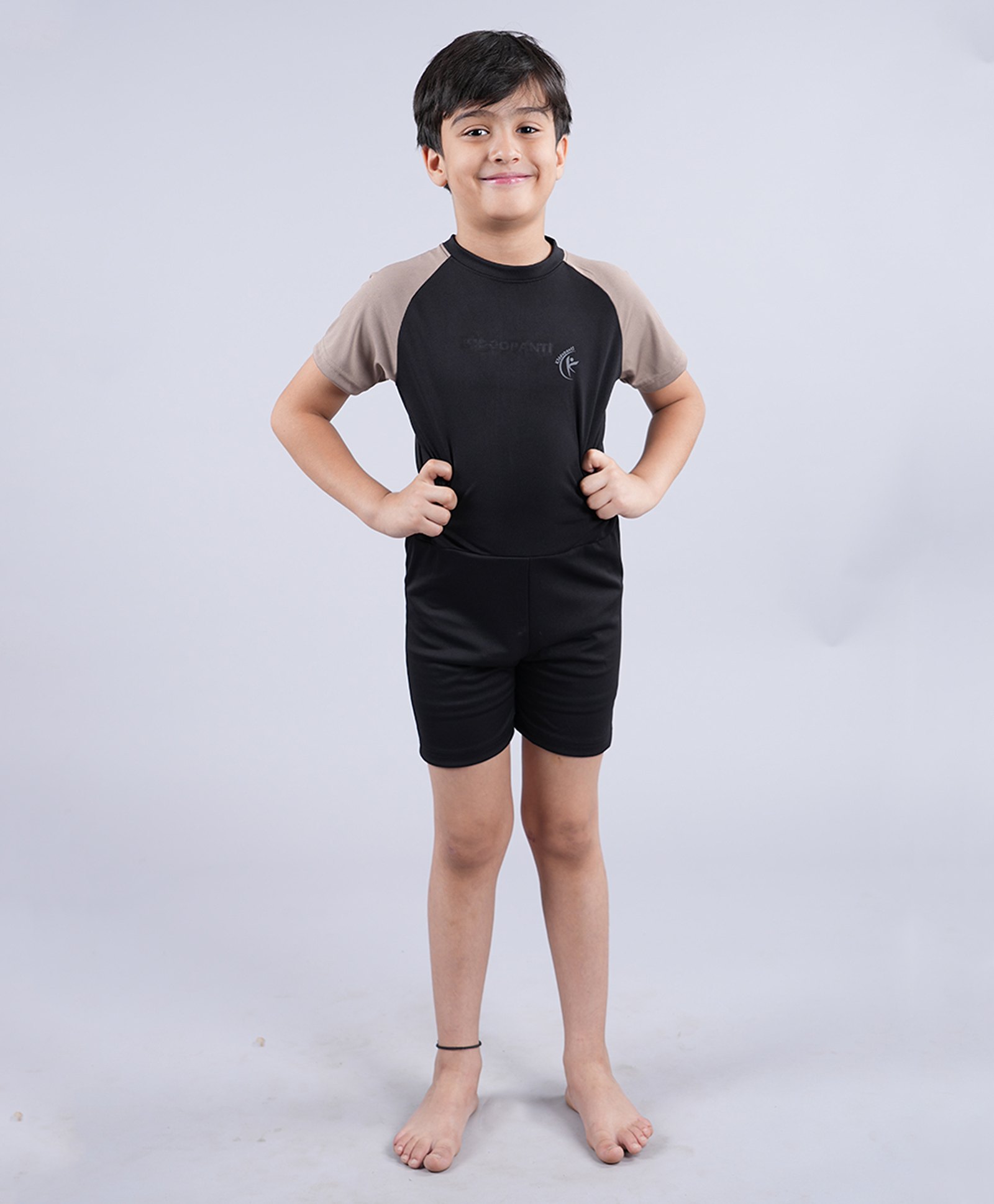 Kiddopanti Raglan Half Sleeves Solid Swimsuit - Black & Light Brown-image-44