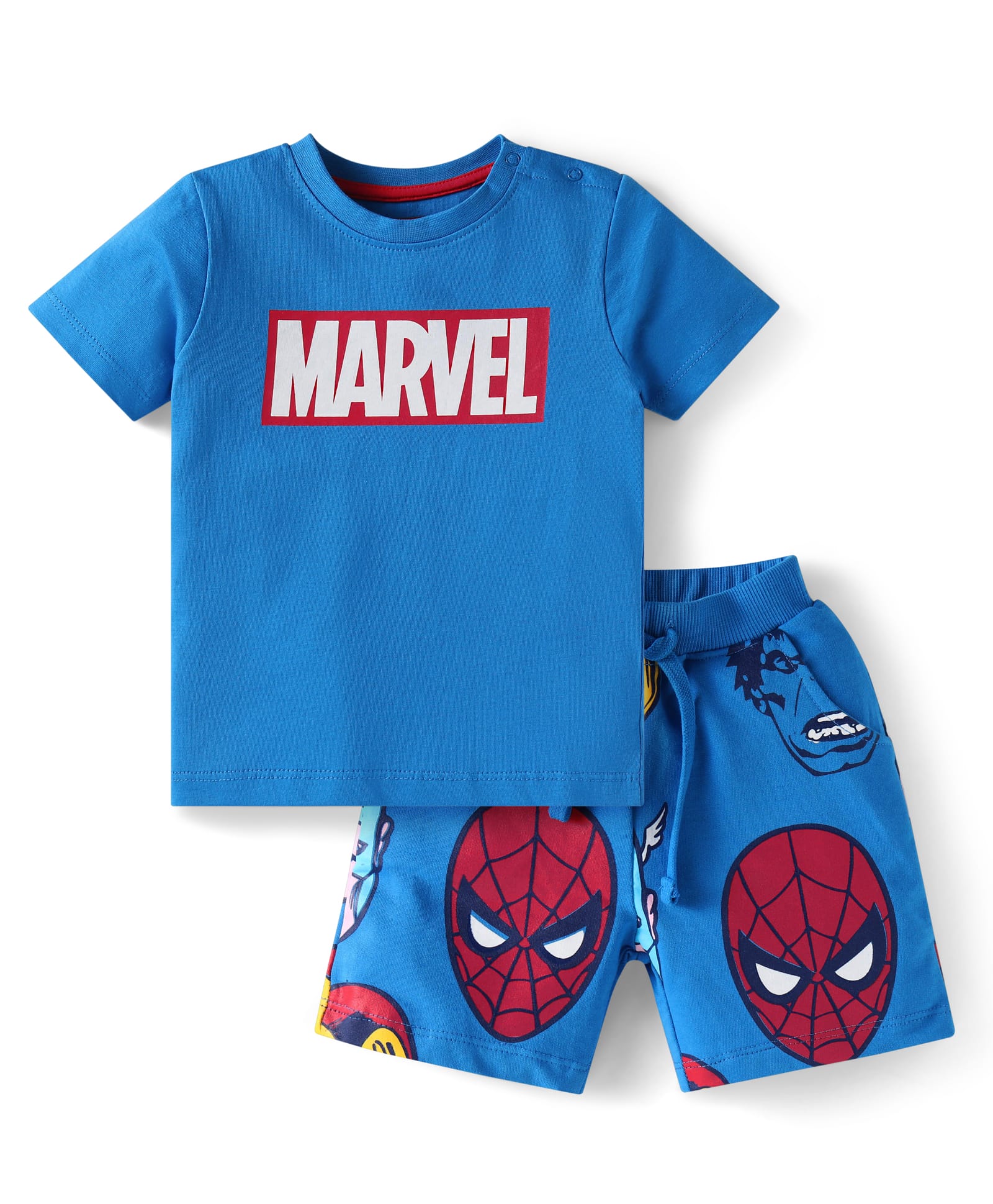Babyhug Marvel Cotton Knit Half Sleeve Shorts Night Suit with Spiderman Graphics - Blue-image-39