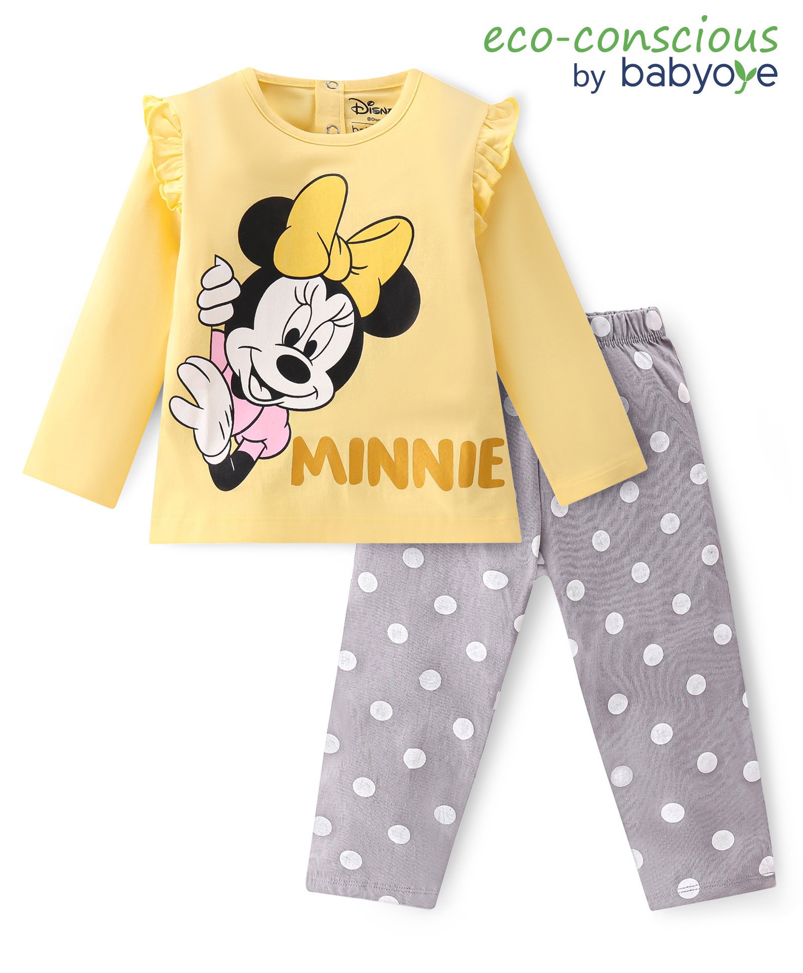 Babyoye Disney 100% Cotton Knit Full Sleeve Night Suit with Minnie Mouse Graphics- Yellow & Grey-picture-38