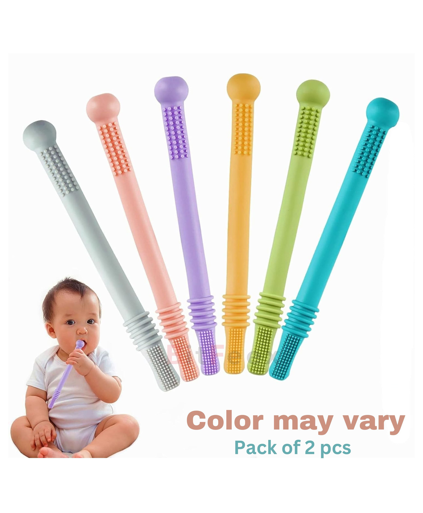 BitFeex Teether Toothbrush Hollow Teether Tube Infant Toddlers Silicone Tubes Teething Toys for Babies (Color may vary, Pack of 2pcs)