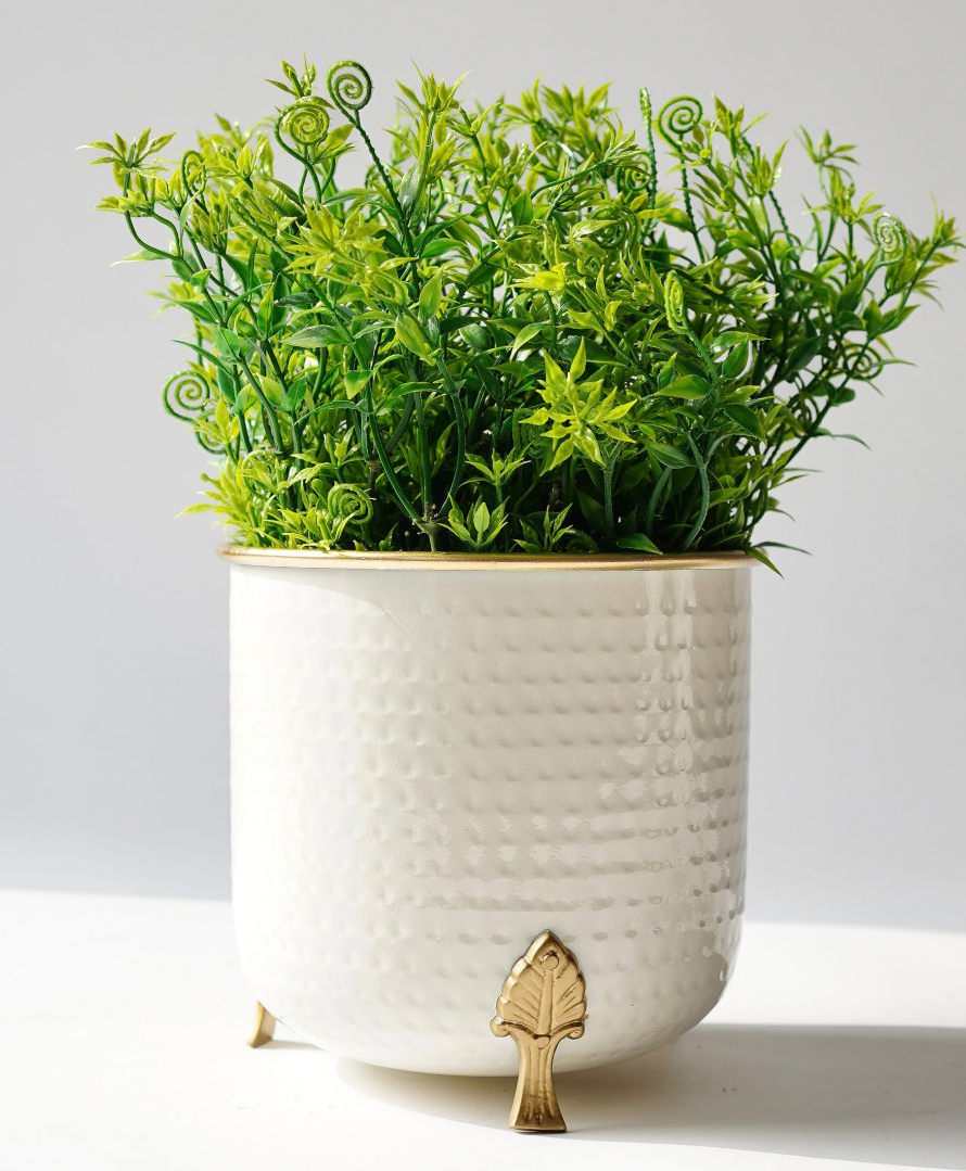 BEHOMA Metal Hammered Gold Rim Leaf Leg Planter, White, Decorative for Indoor, Outdoor, Balcony & Living Room-image-1