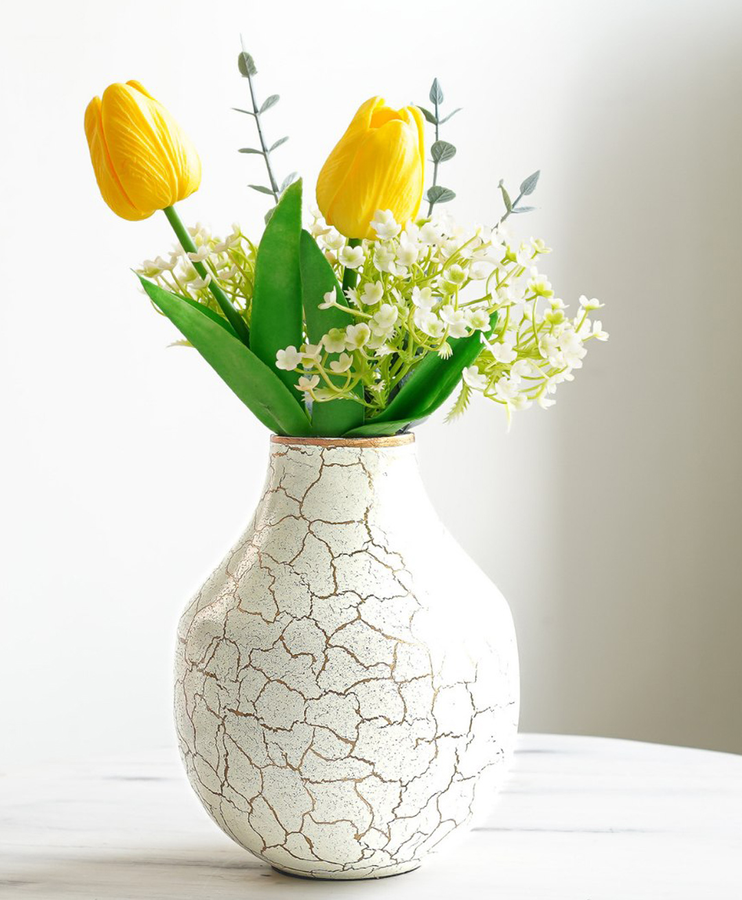 Behoma Metal Off-White Flower Vase, with a crackle gold finish (Small)-image-2