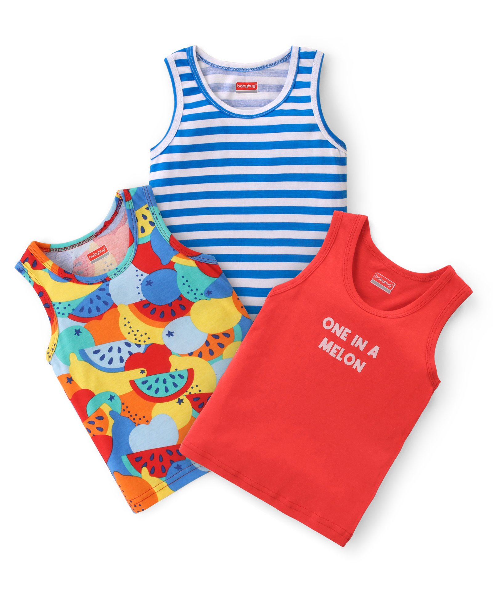 Babyhug 100% Cotton Knit Sleeveless Vests with Tropical & Stripes Pattern Pack of 3 - Multicolor-image-31