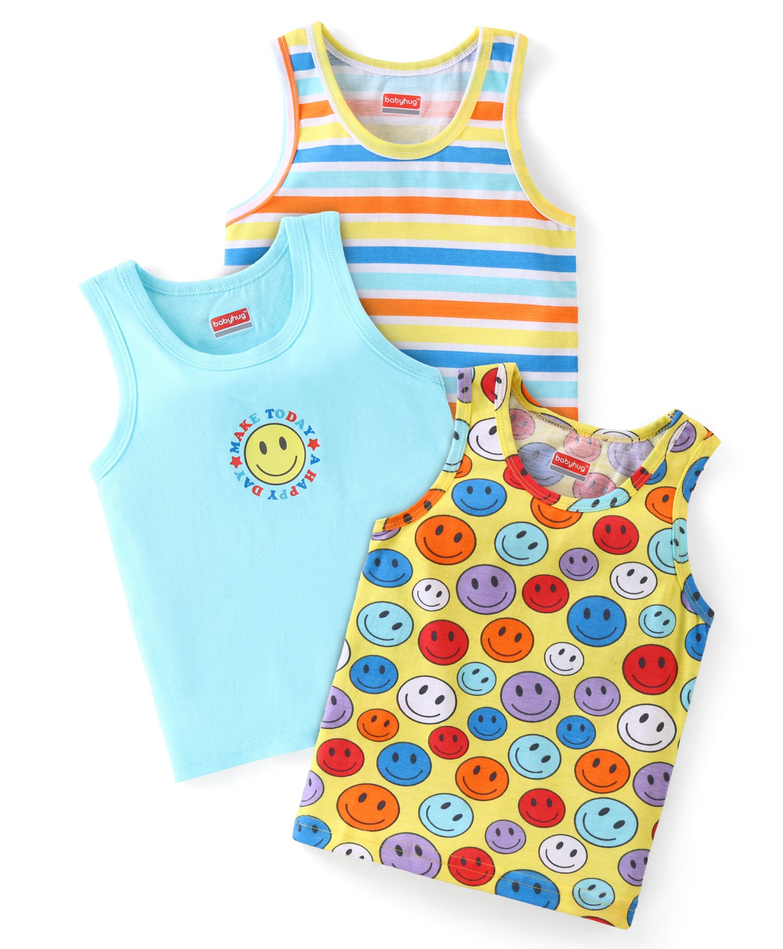 Babyhug 100 % Cotton Knit Sleeveless Sando with Striped & Smiley Print  Pack of 3 - Multicolour-image-37
