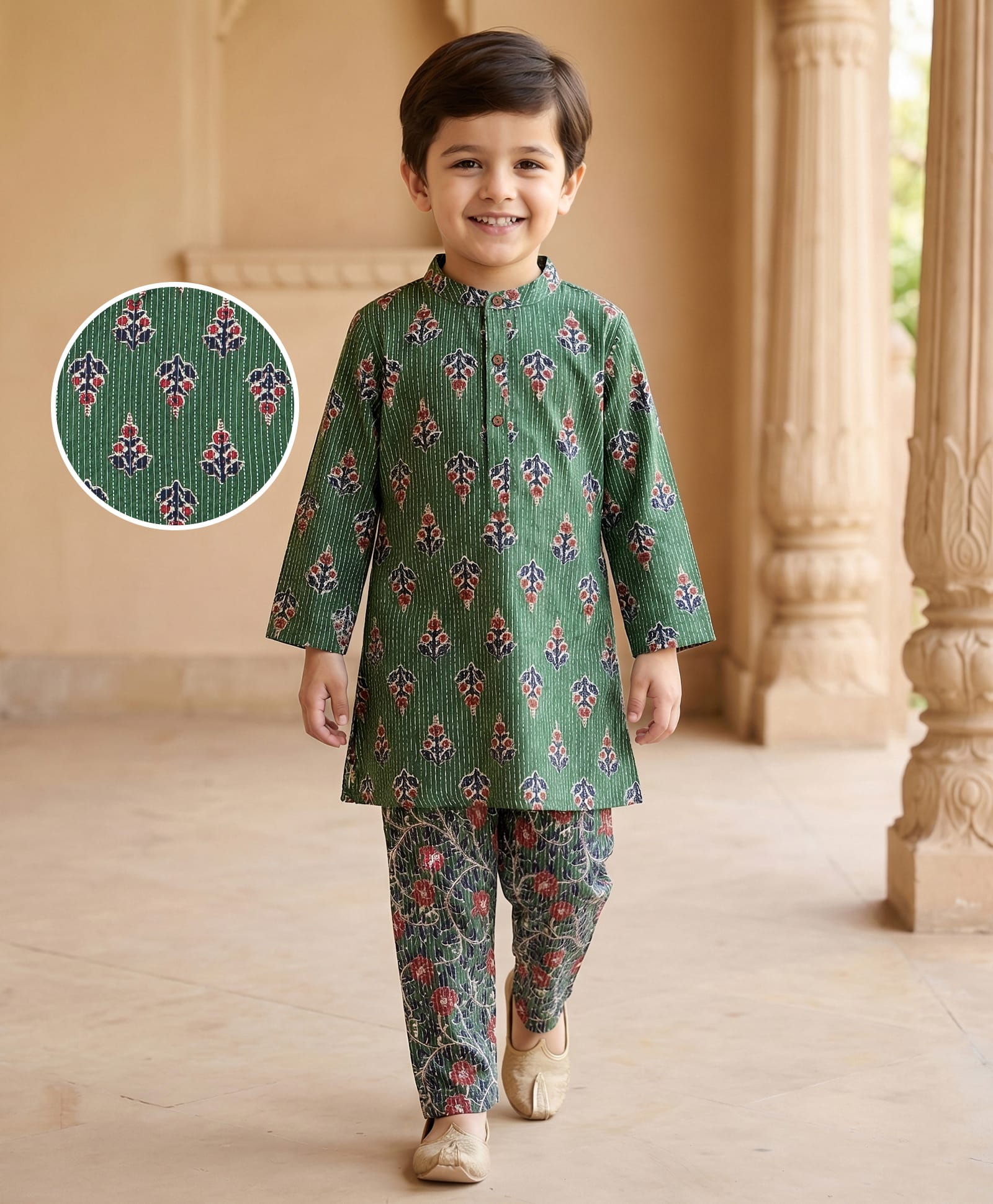 Babyhug Cambric Full Sleeves Floral Embroidered Kurta & Pyjama Set - Olive Green-image-3