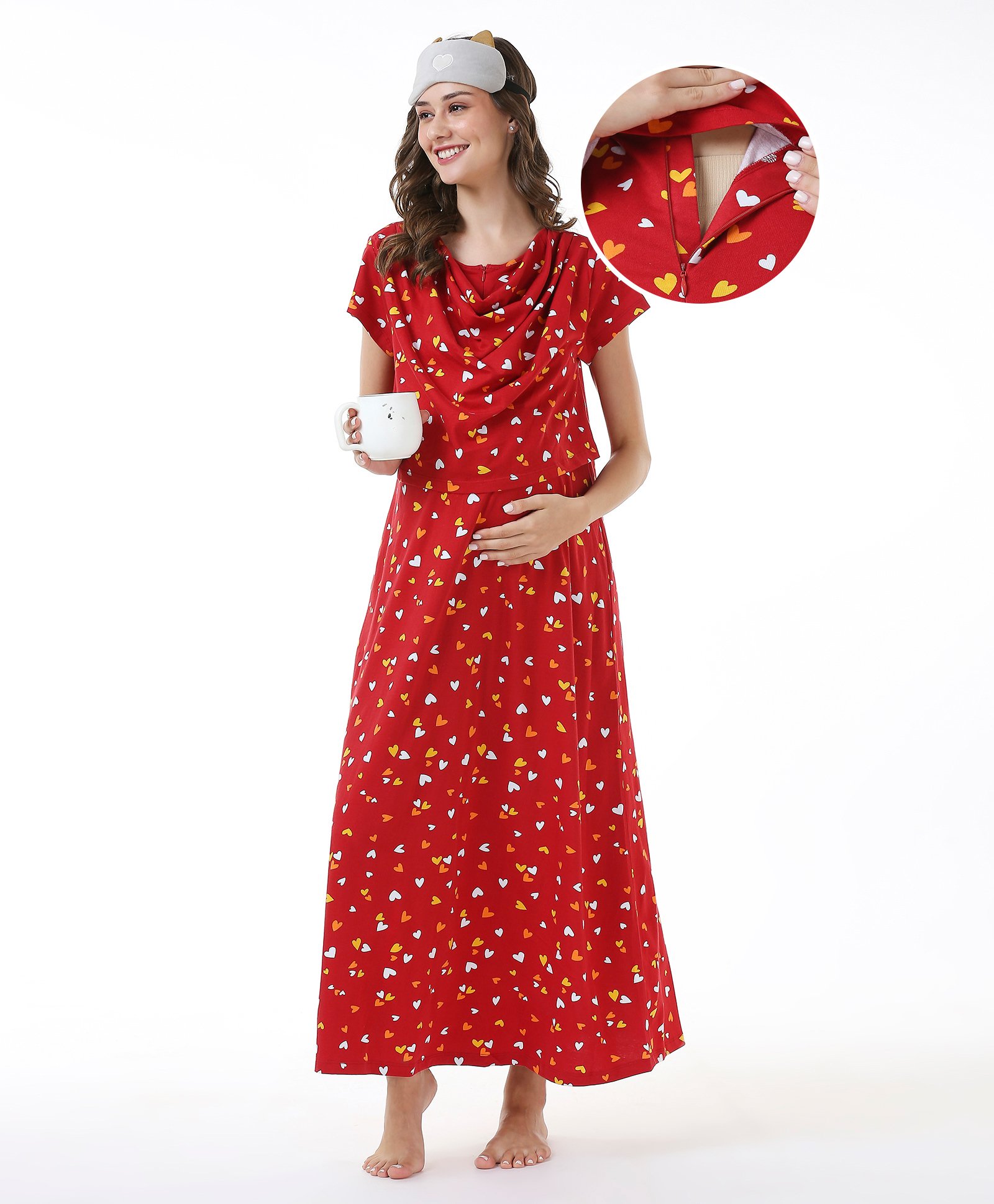 Bella Mama 100% Cotton Knit Half Sleeves Concealed Zipper Nursing Nighty Hearts Print - Red-picture-33