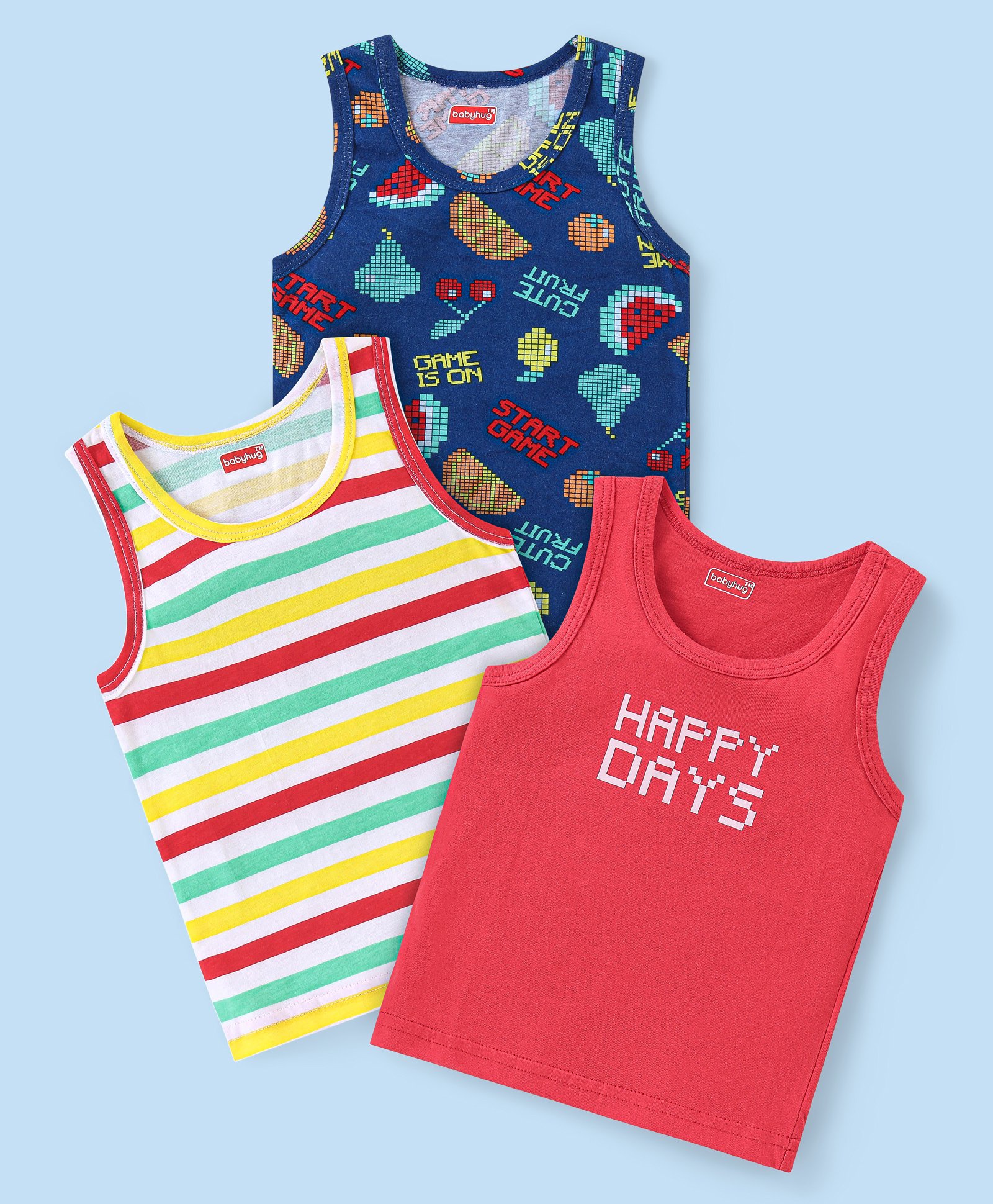 Babyhug 100% Cotton Knit Sleeveless Stripes Sandos with Game & Text Print Pack of 3 - Multicolour-image-5