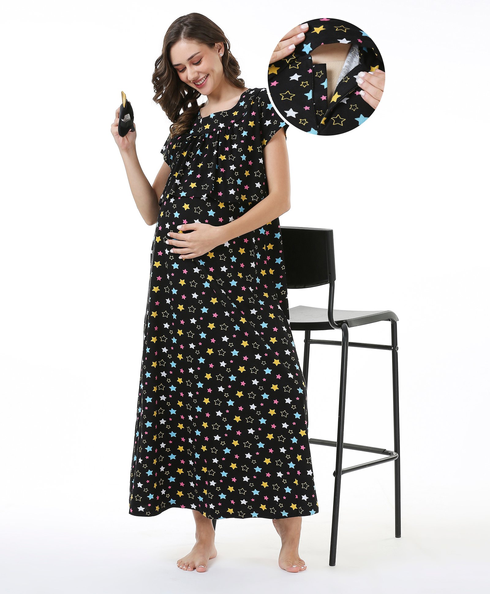 Bella Mama Cotton Knit Half Sleeves Maternity Nursing Nighty with Concealed Zipper Star Print - Black-image-27