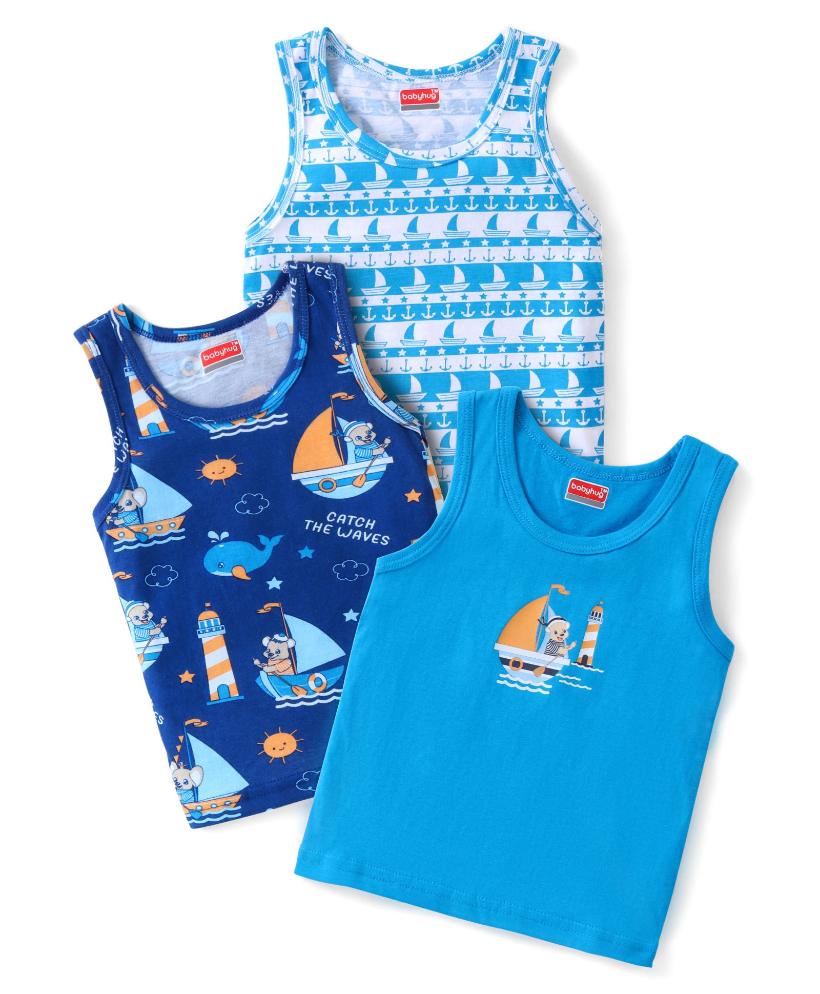 Babyhug 100% Cotton Knit Sleeveless Sandos Sea Theme Print Pack of 3 - Blue-image-26