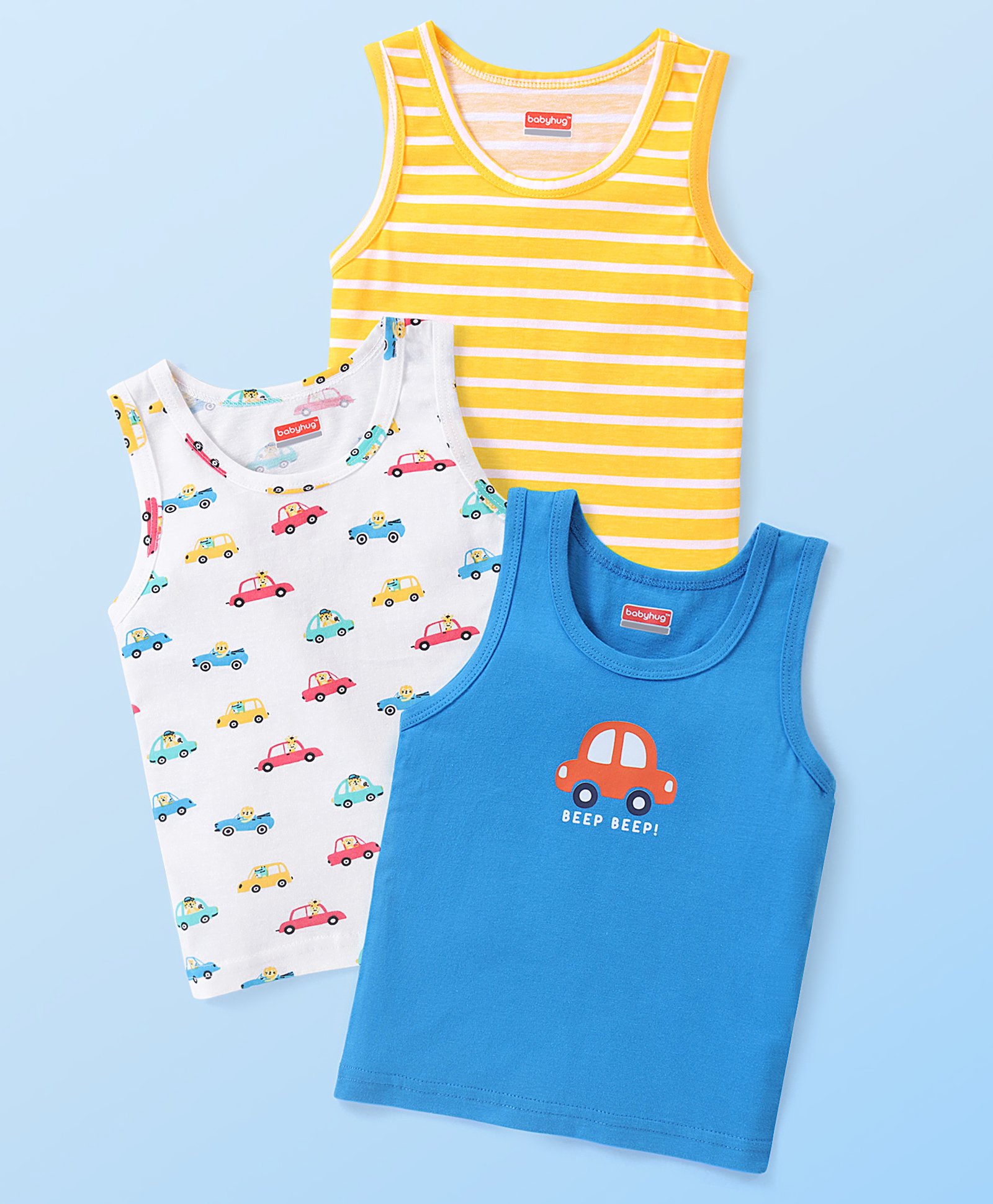Babyhug 100% Cotton Knit Sleeveless Vests with Striped & Vehicle Print Pack of 3 - Multicolor-image-39