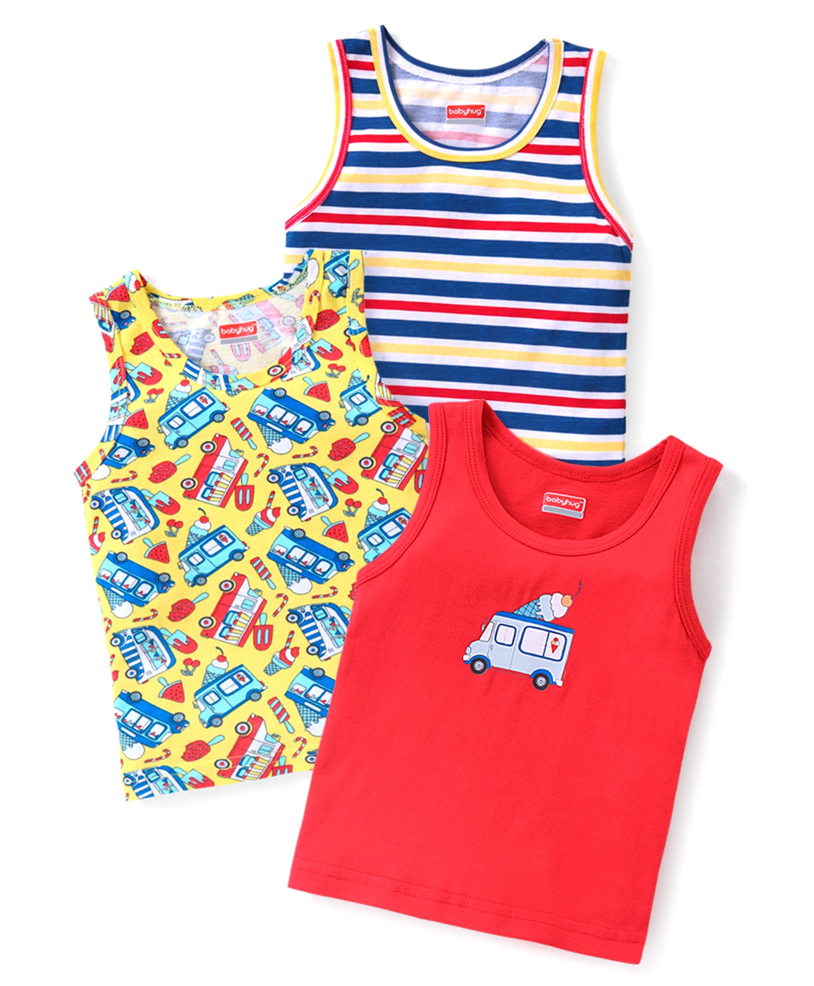 Babyhug 100% Cotton Knit Sleeveless Vests with Striped & Vehicle Print Pack of 3 - Multicolor-image-34