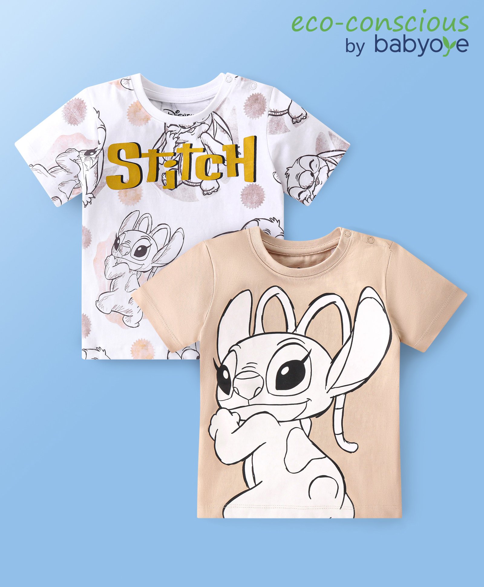 Babyoye Disney Cotton Half Sleeves T-Shirts With Lilo N Stitch Graphics Pack of 2 - Beige-image-29