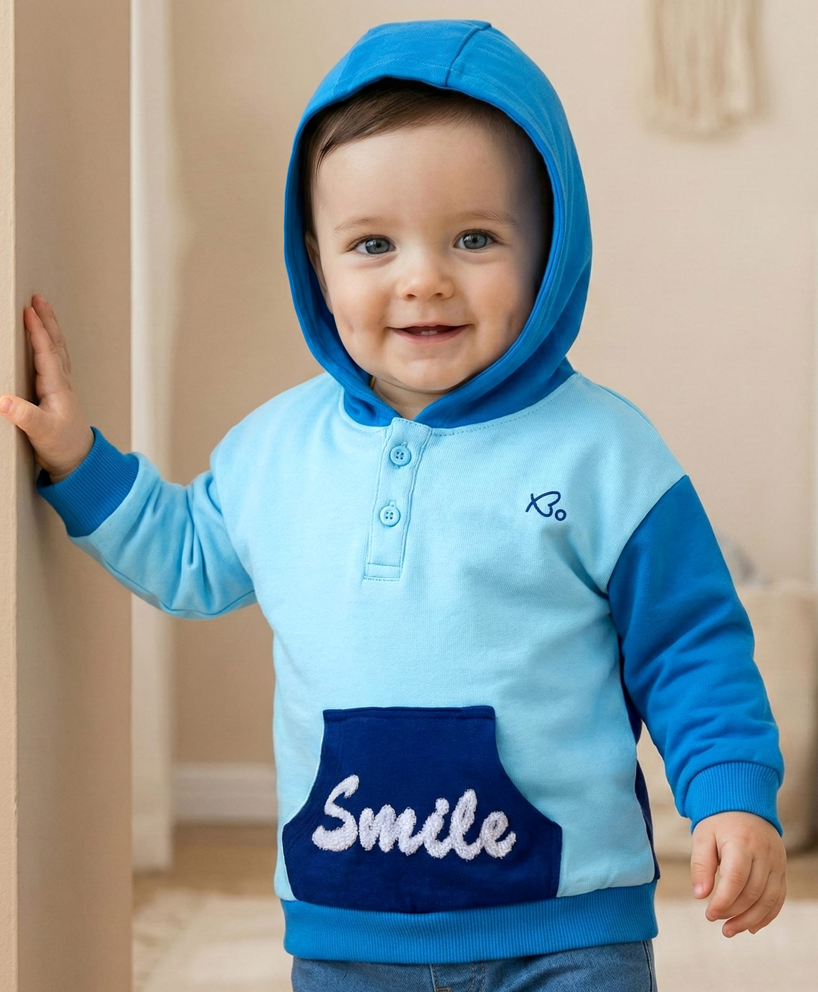 Babyoye 100% Cotton Knit Full Sleeves Hooded Sweatshirt with Text Embroidery - Blue-picture-29