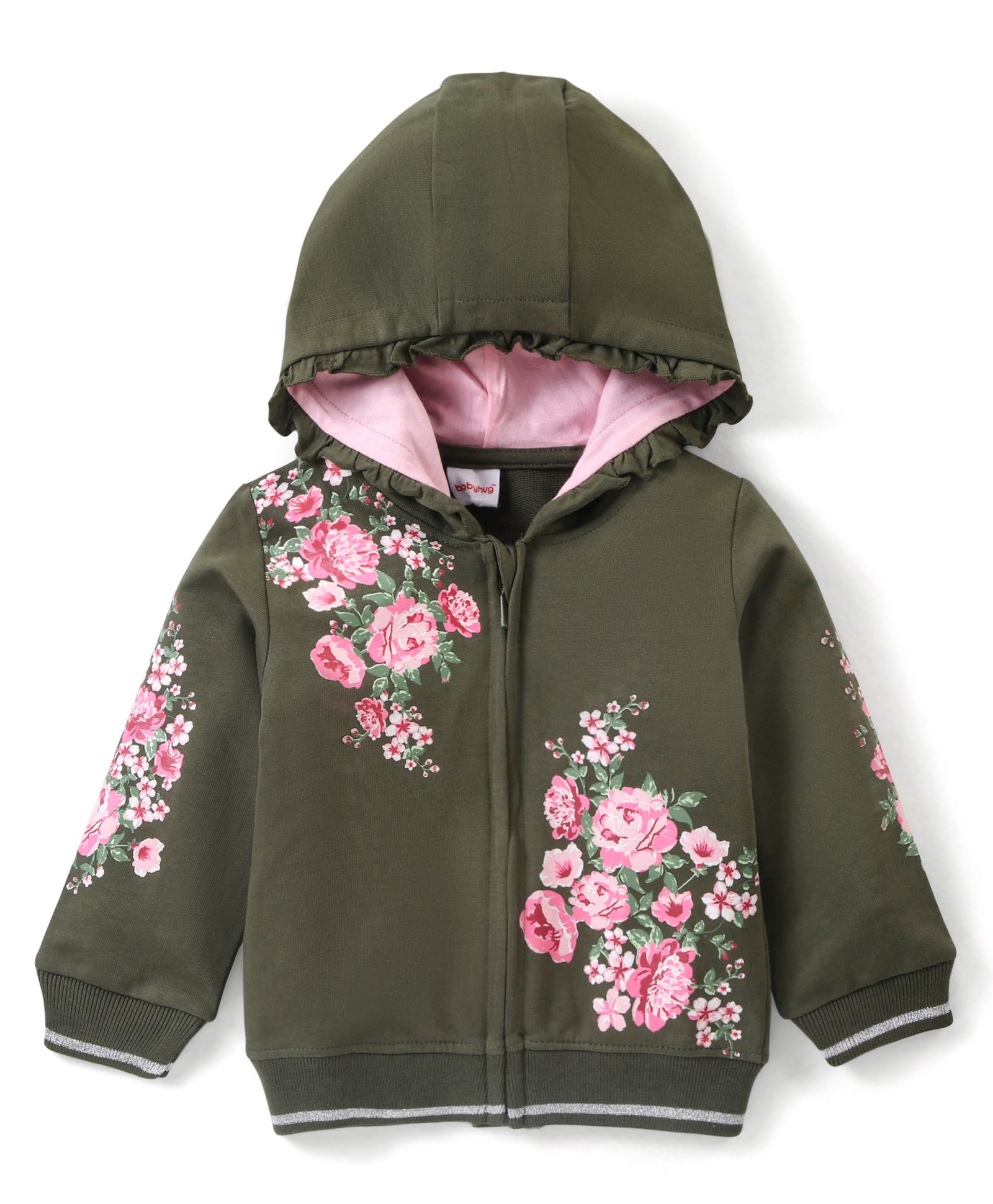 Babyhug Cotton Full Sleeves Front-Open Sweatjacket With Hood Floral Graphics - Olive Green-picture-24