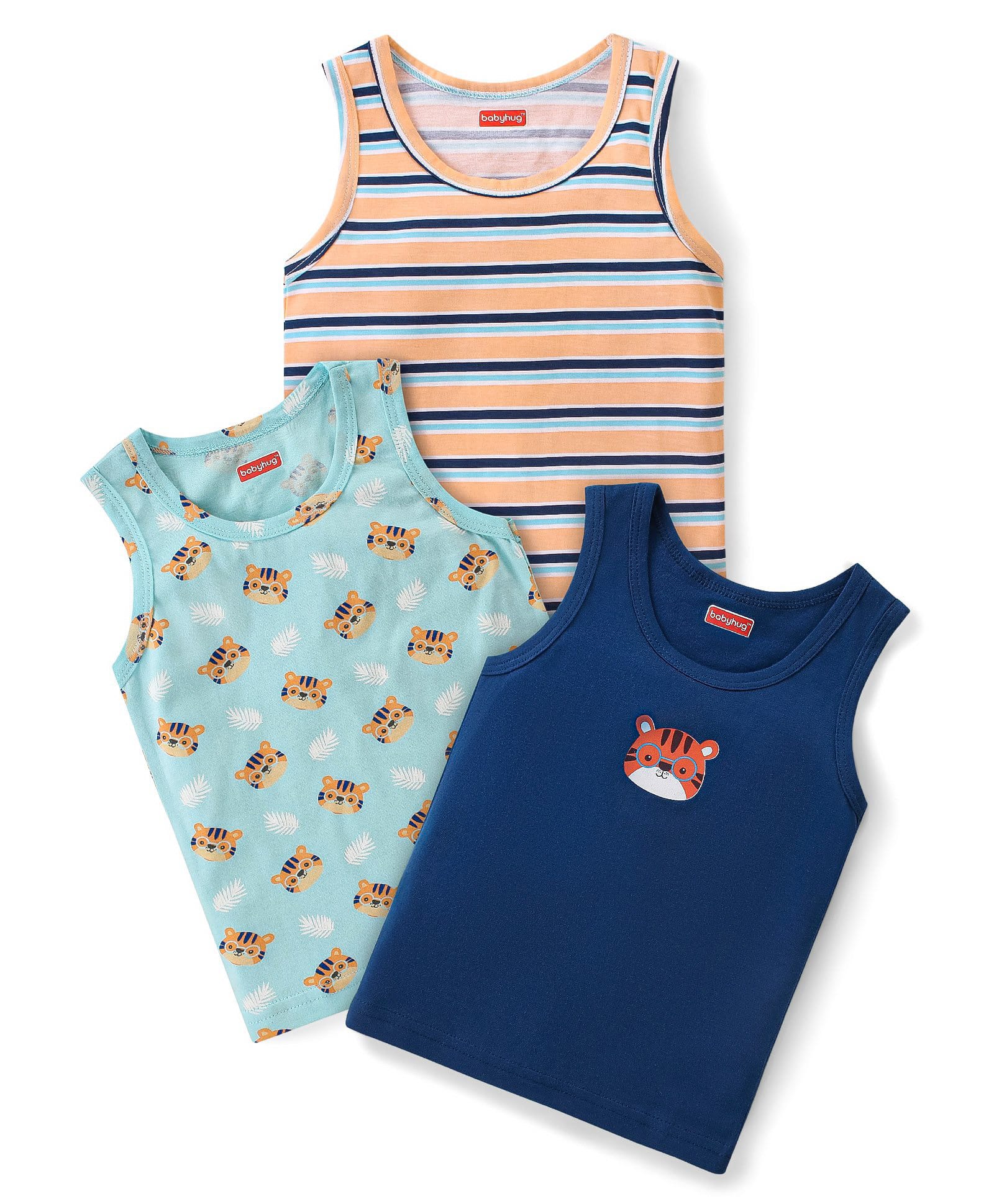 Babyhug 100% Cotton Knit Sleeveless Vests with Animal Print & Stripes Pattern Pack of 3 - Multicolor-image-40