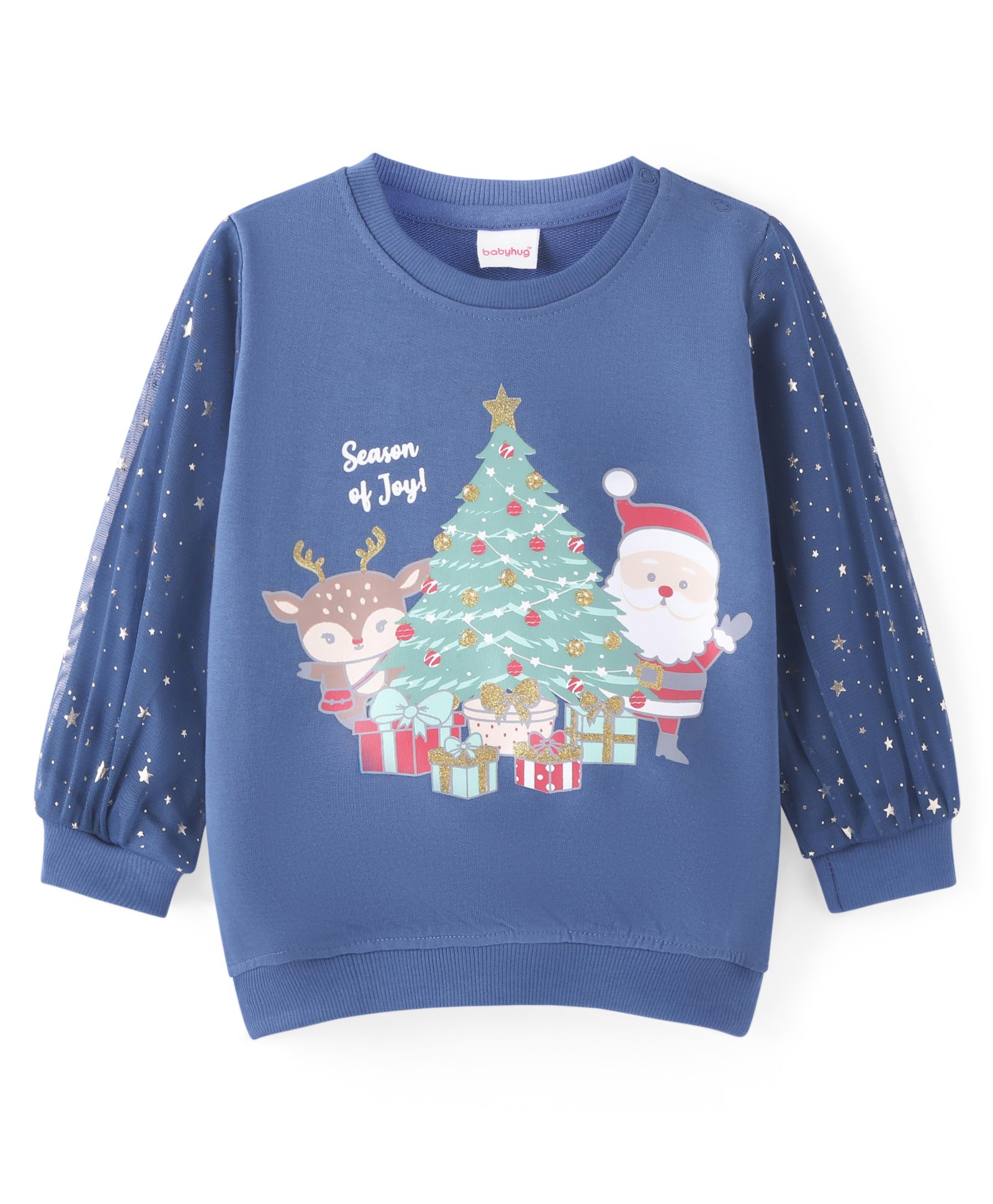Babyhug Cotton Knit Half Sleeves Sweatshirt with Foil & Mesh Detailing Christmas Theme Design - Blue-picture-17
