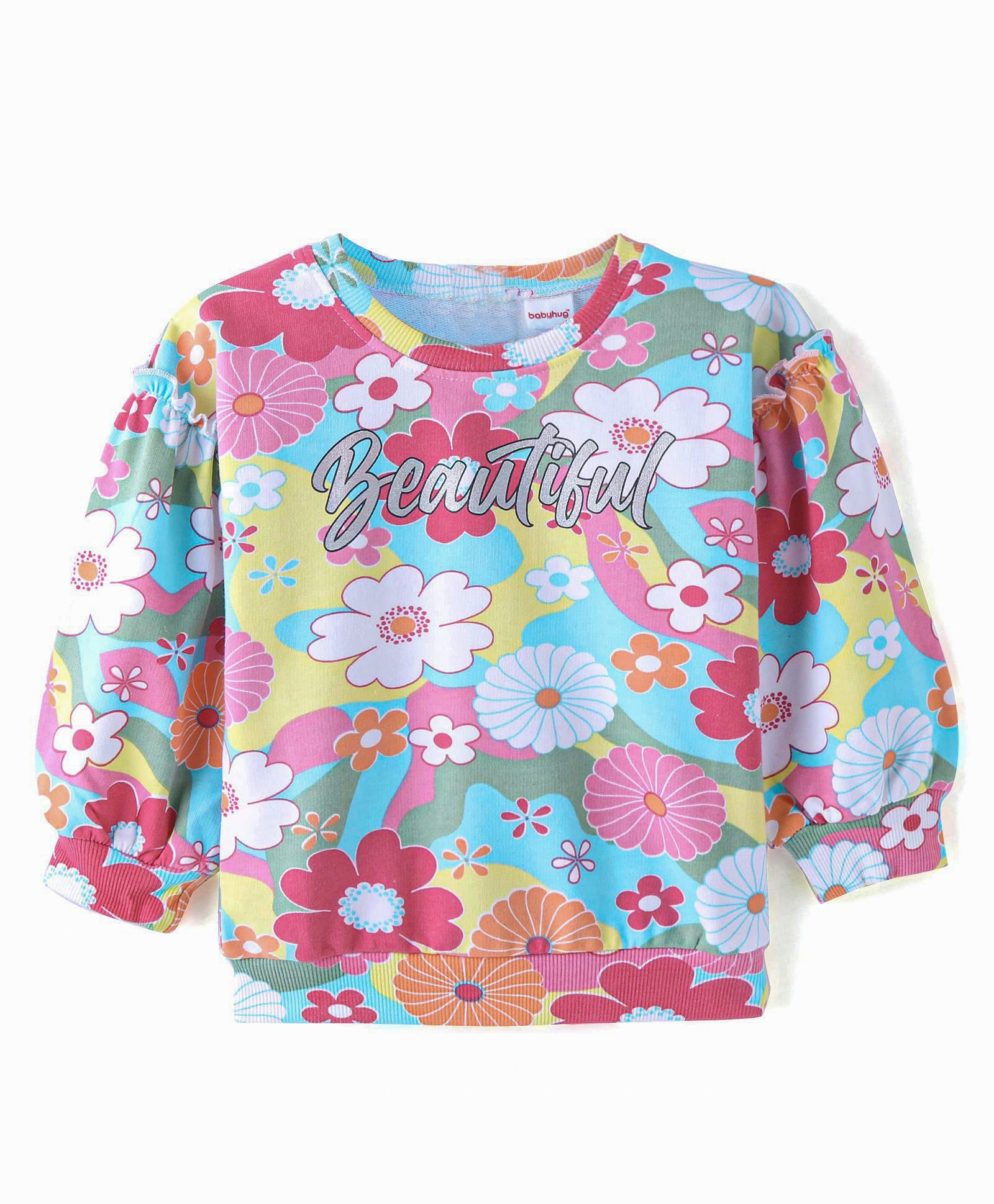 Babyhug 100% Cotton Knit Drop Shoulder Full Balloon Sleeves Sweatshirt with Floral Print - Multicolour-picture-16