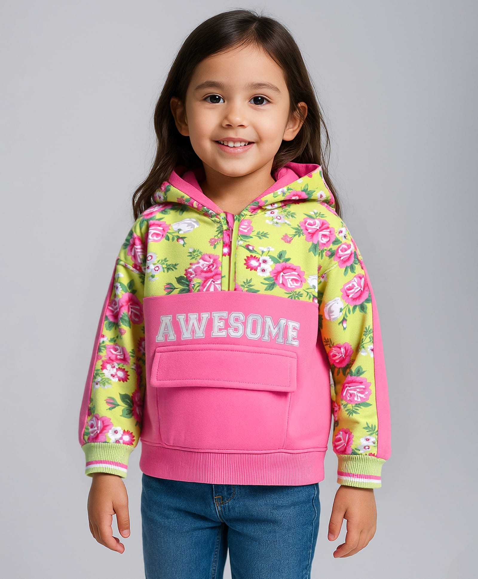 Babyhug Cotton Knit Full Sleeves Front Open Cut & Sew HoodedSweat Shirt with Pocket Foil & Zipper Detailing Floral & Text Printed - Multicolour-image-27
