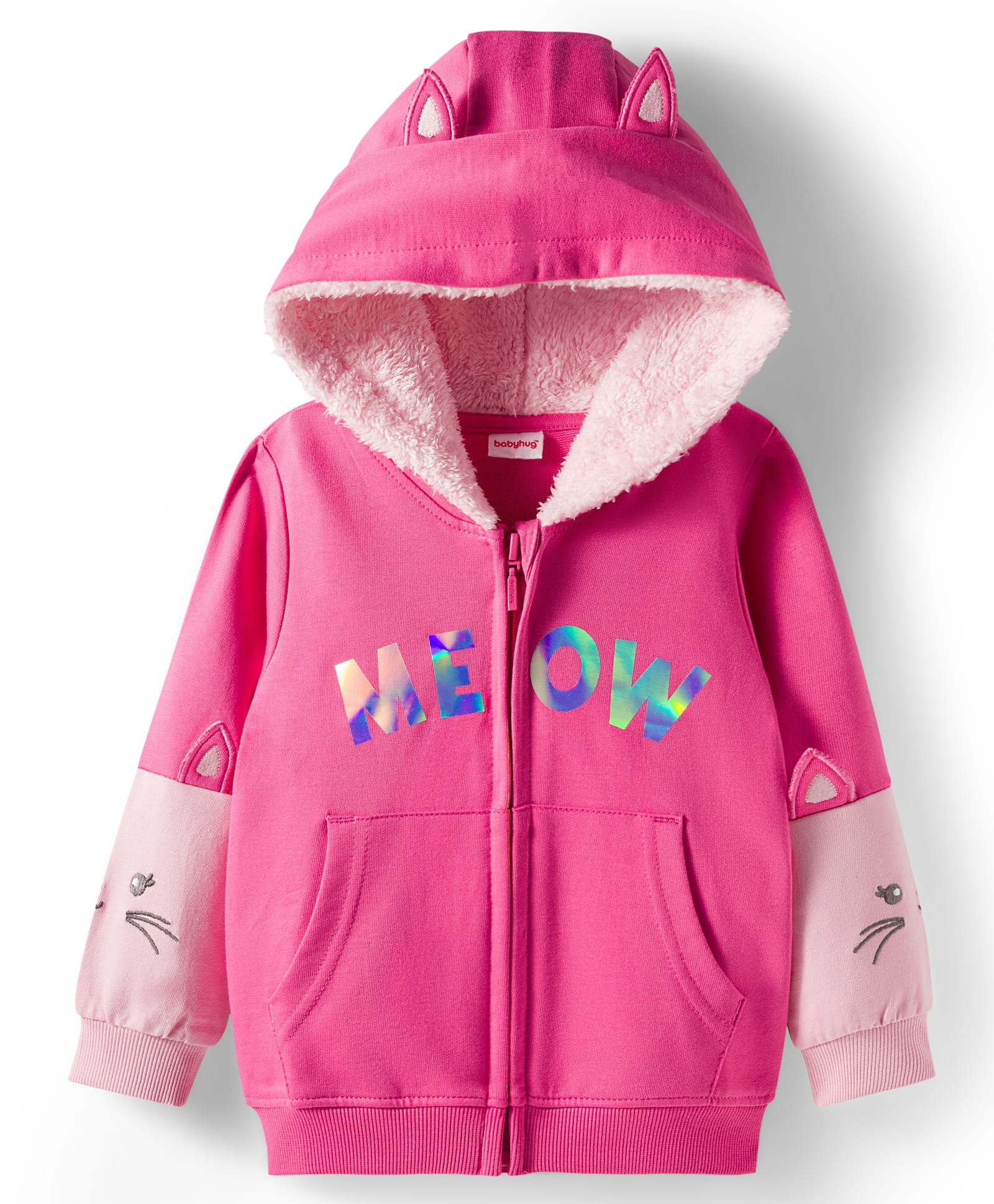 Babyhug Cotton Knit Full Sleeves Front Open Sweatjacket with Pocket Hood Zipper & Foil Detailing- Pink