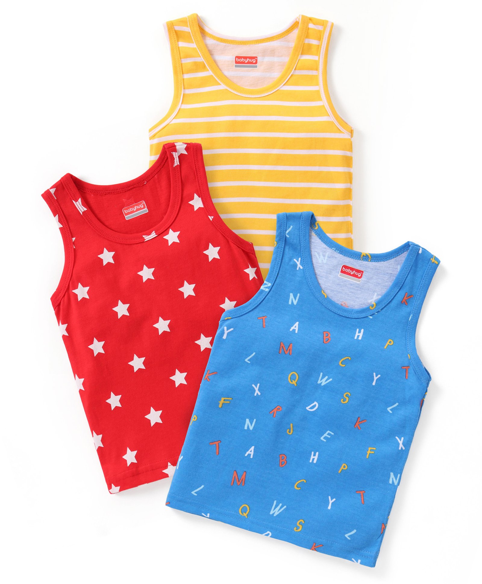 Babyhug 100% Cotton Knit Sleeveless Sando Stripes & Star Print Pack Of 3 - Yellow Blue & Red-image-6