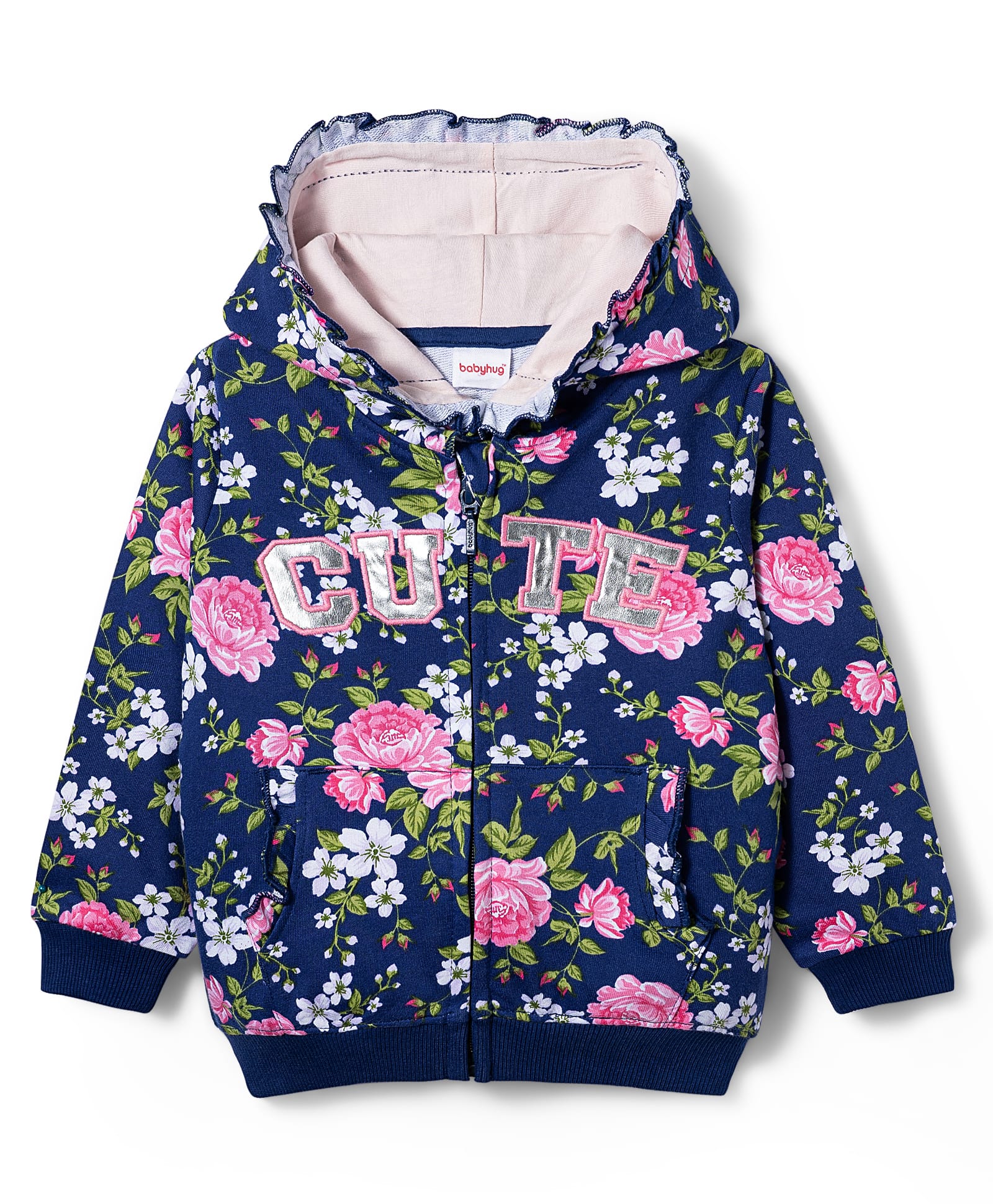 Babyhug Cotton Knit Full Sleeves Hooded Front Open Sweatshirt With Floral Print - Navy