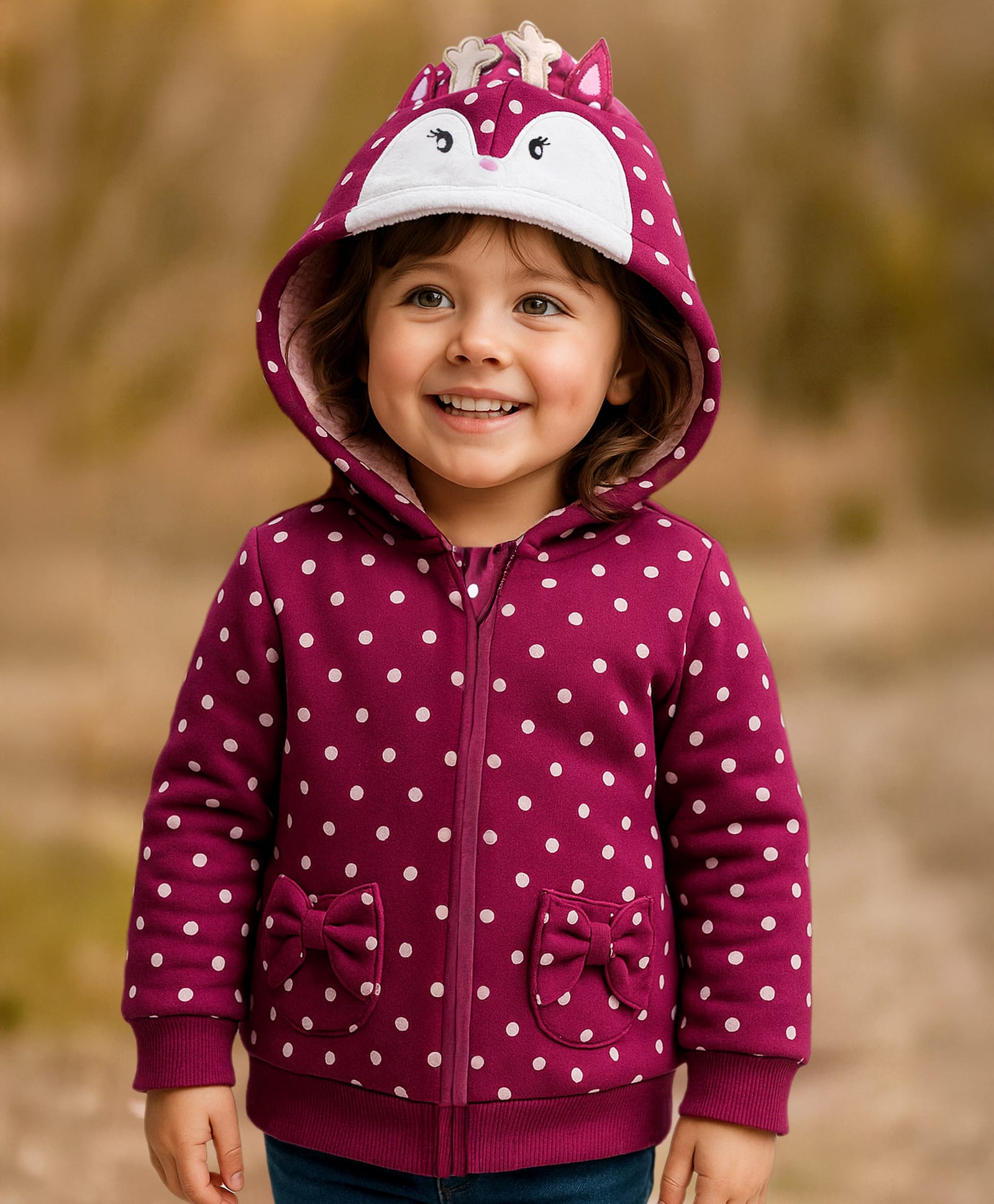Babyhug Full Sleeves Front Open Sweatjacket with Hood Zipper & 3D Appplique Polka Dot Print -  Maroon-image-10