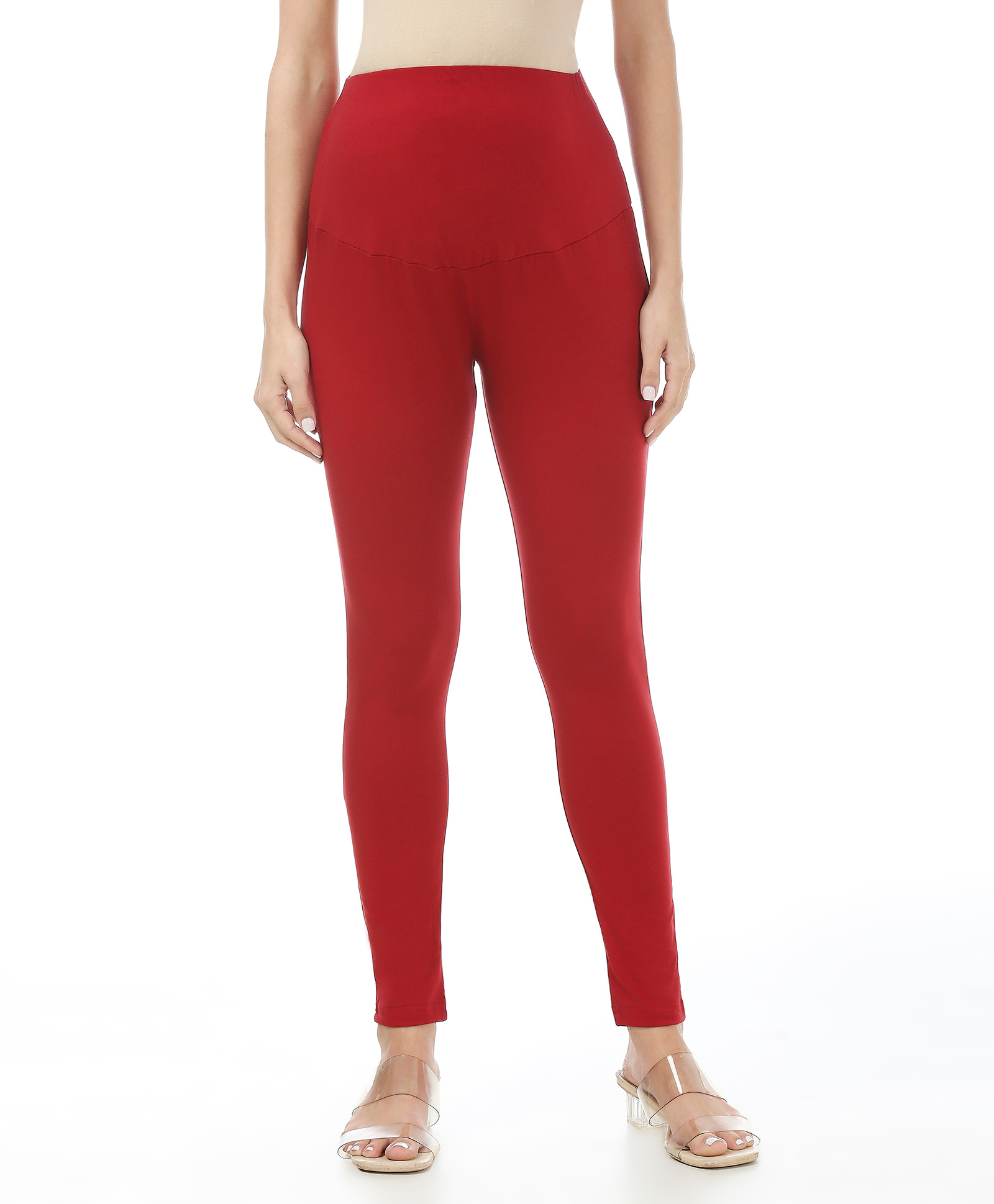 Bella Mama Full Length Maternity Leggings With Tummy Band Solid color- Maroon-image-24