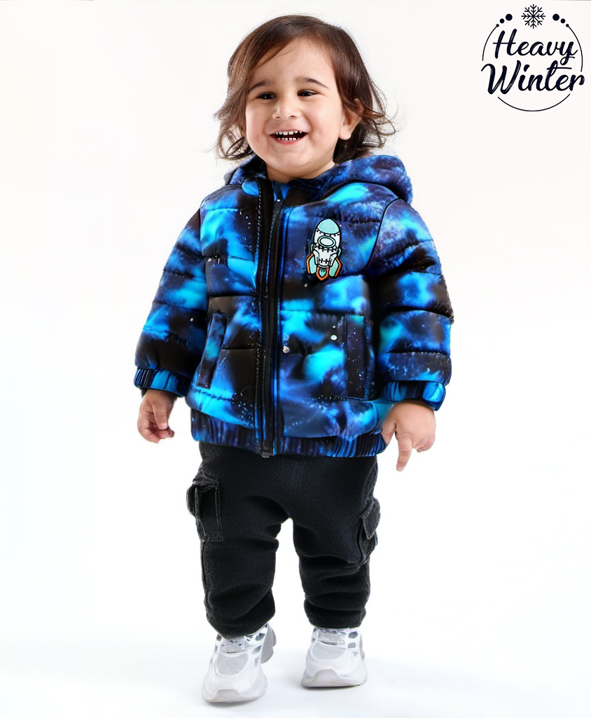 Babyoye Woven Full Sleeves Padded Hooded Jacket with Space Theme Print & Applique - Blue-image-25