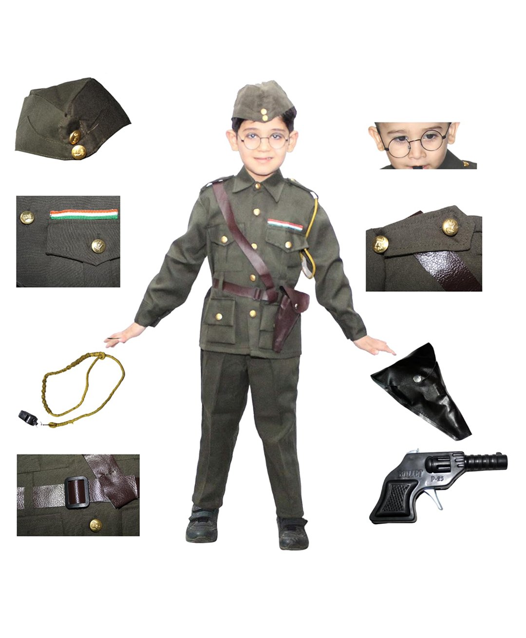 Kaku Fancy Dresses Subhash Chandra Bose National Hero Freedom Fighter Republic Day & Independence Day Theme Costume Set - Dark Green-image-42