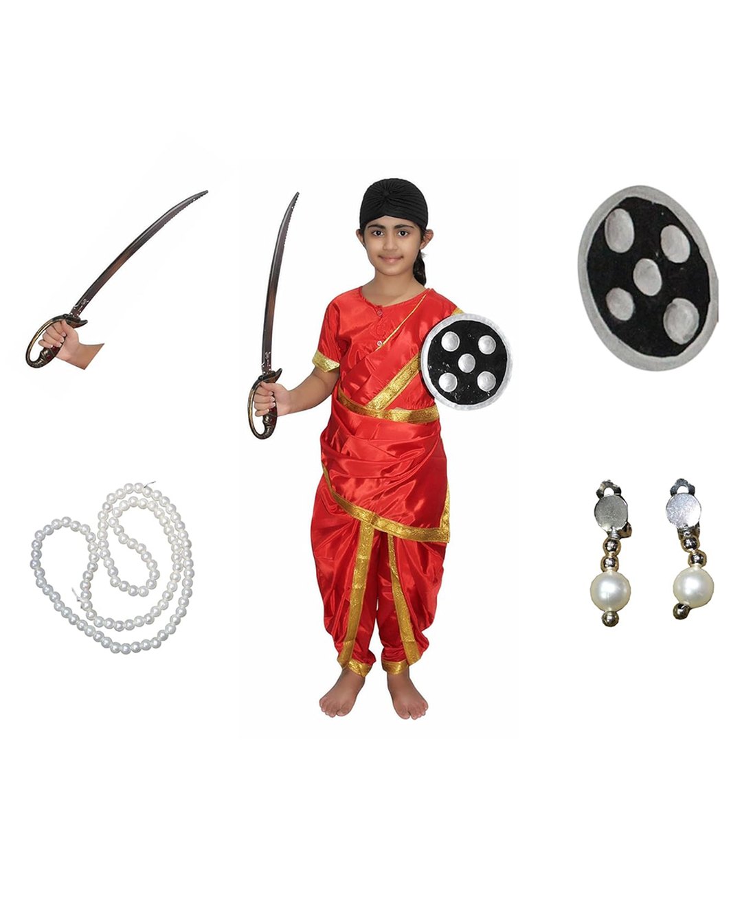 Kaku Fancy Dresses Laxmi Bai National Hero Freedom Fighter  Republic Day & Independence Day Theme Costume Set - Red-image-41