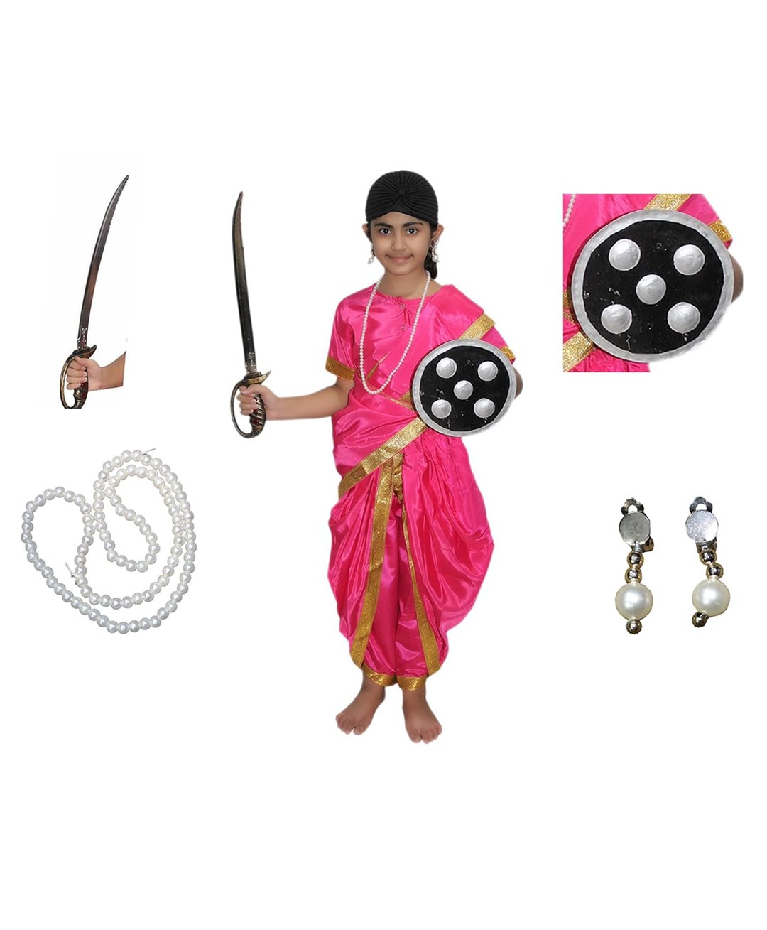 Kaku Fancy Dresses Laxmi Bai National Hero Freedom Fighter  Republic Day & Independence Day Theme Costume Set - Magenta-image-46