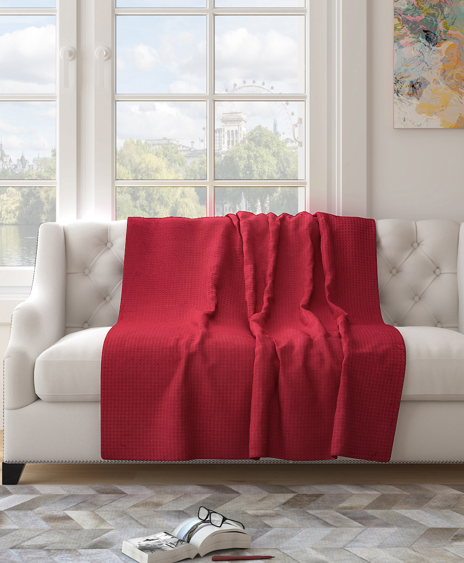 SARAL HOME Cotton Checkered Unique Waffle Design Throw/Sofa Cover (140x160 cm, Maroon)