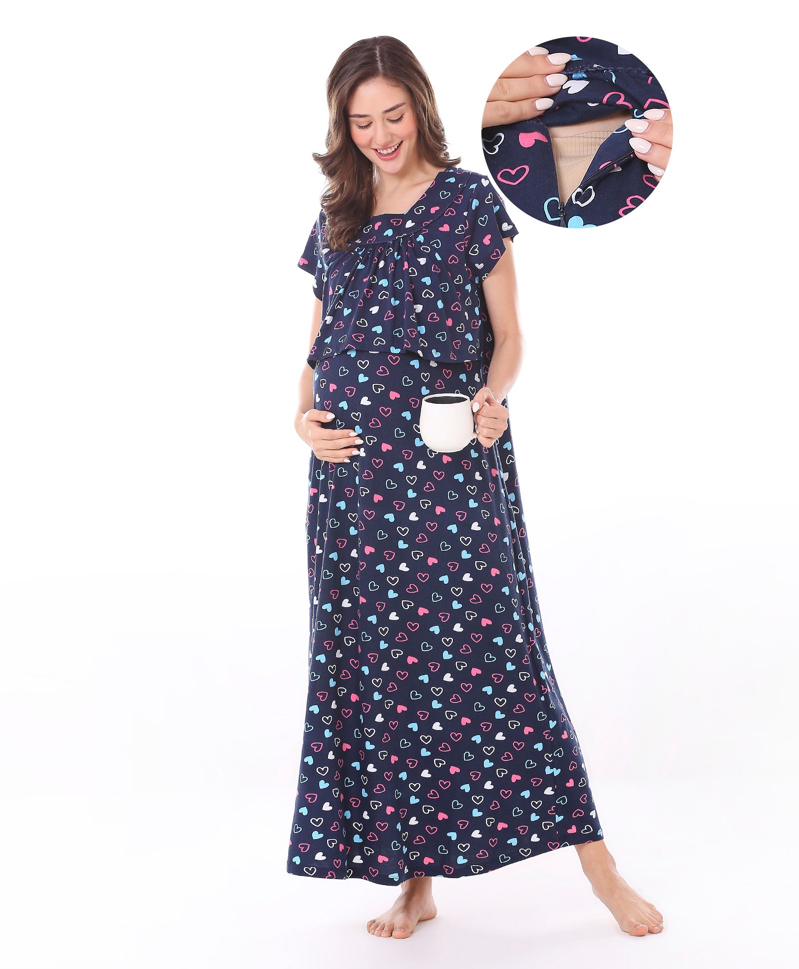 Bella Mama Cotton Knit Half Sleeves Maternity Nursing Nighty with Concealed Zipper Heart Print - Navy Blue-image-45