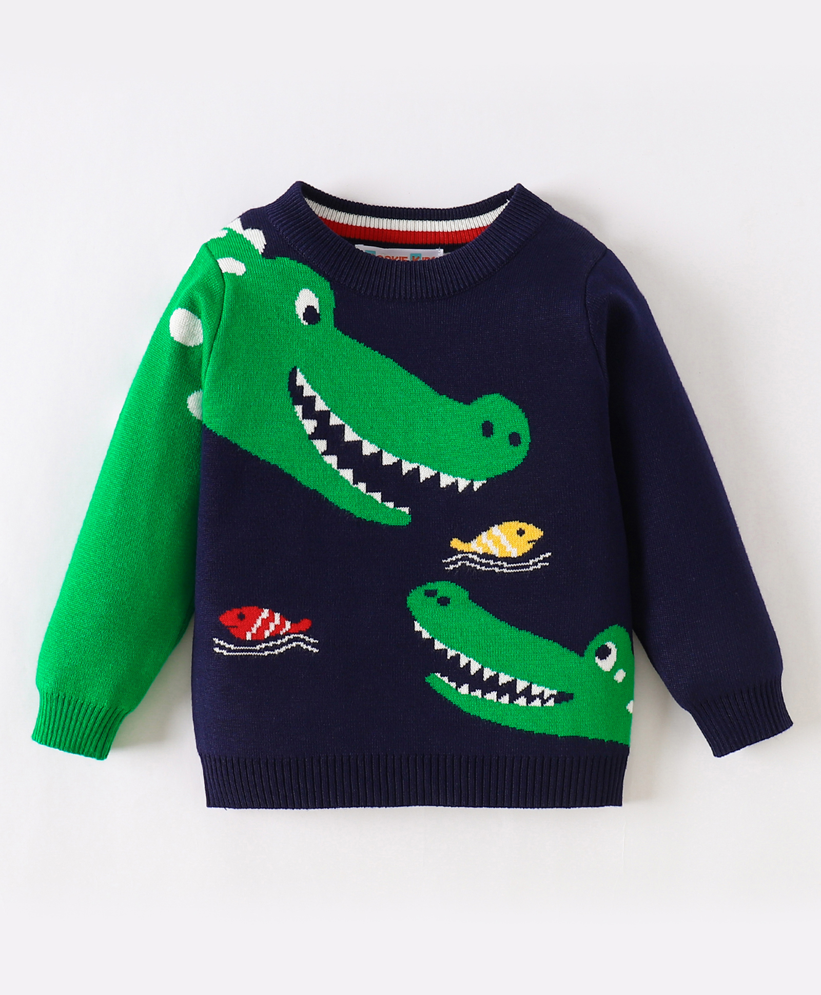 Kookie Kids Full Sleeves Pullover Sweater with Crocodile Design - Navy Blue-image-7