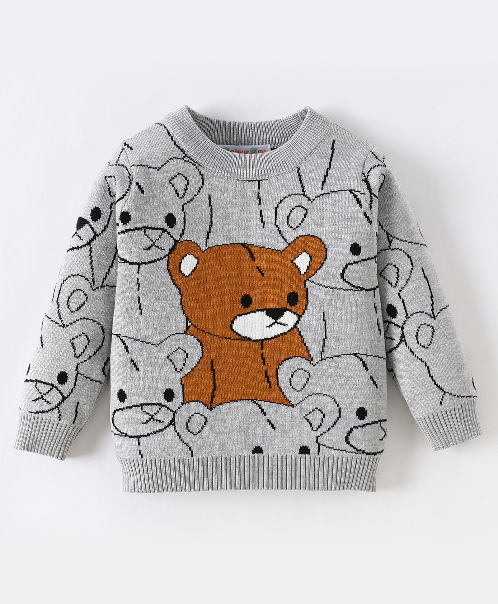 Kookie Kids Full Sleeves Pullover Sweater with Teddy Bear Design - Grey-image-35