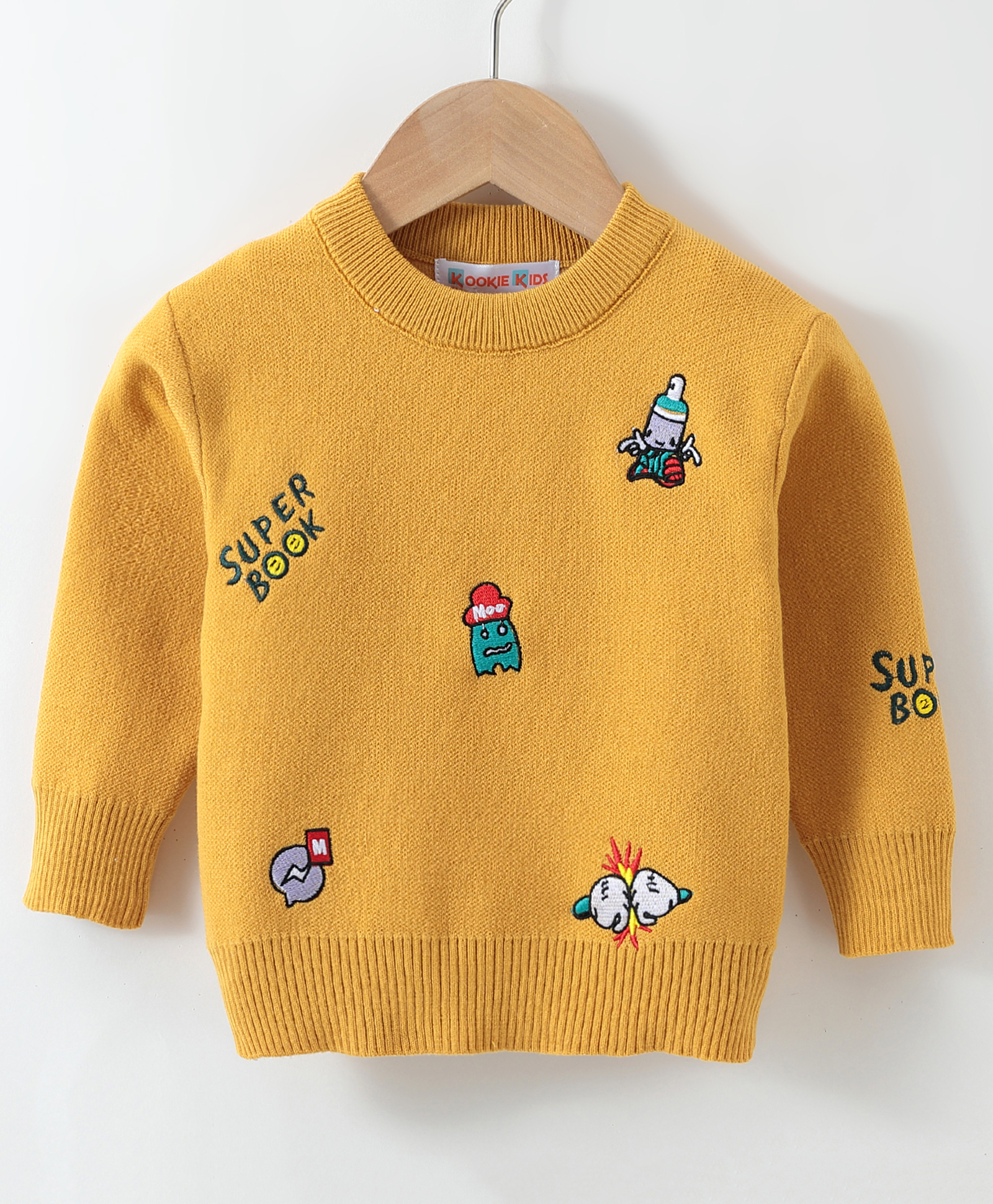 Kookie Kids Knit Full Sleeves Pullover Sweater with Text Design - Mustard-image-11