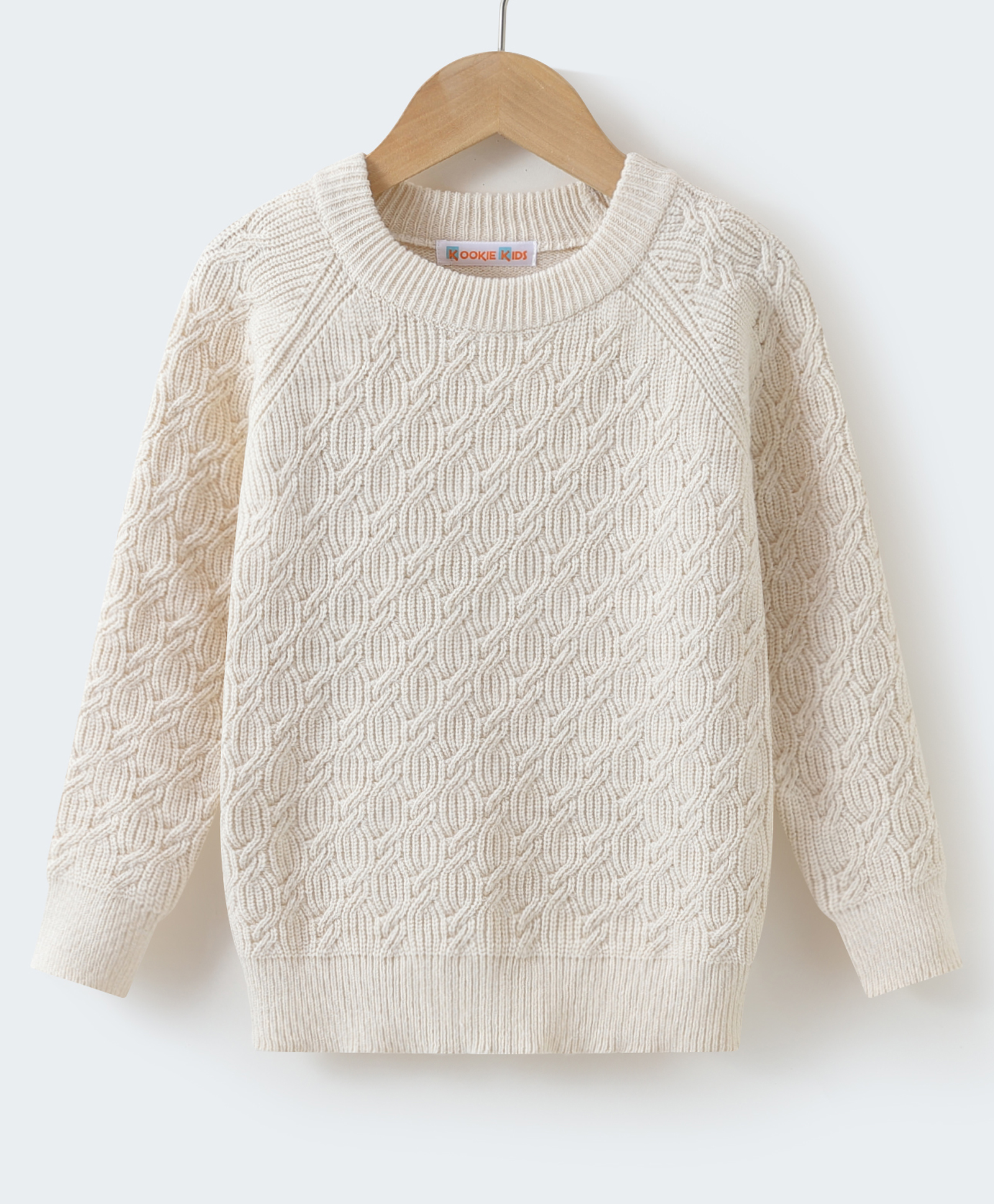 Kookie Kids Knit Full Sleeves Pullover Sweater with Cable Knit Design - Cream-picture-18