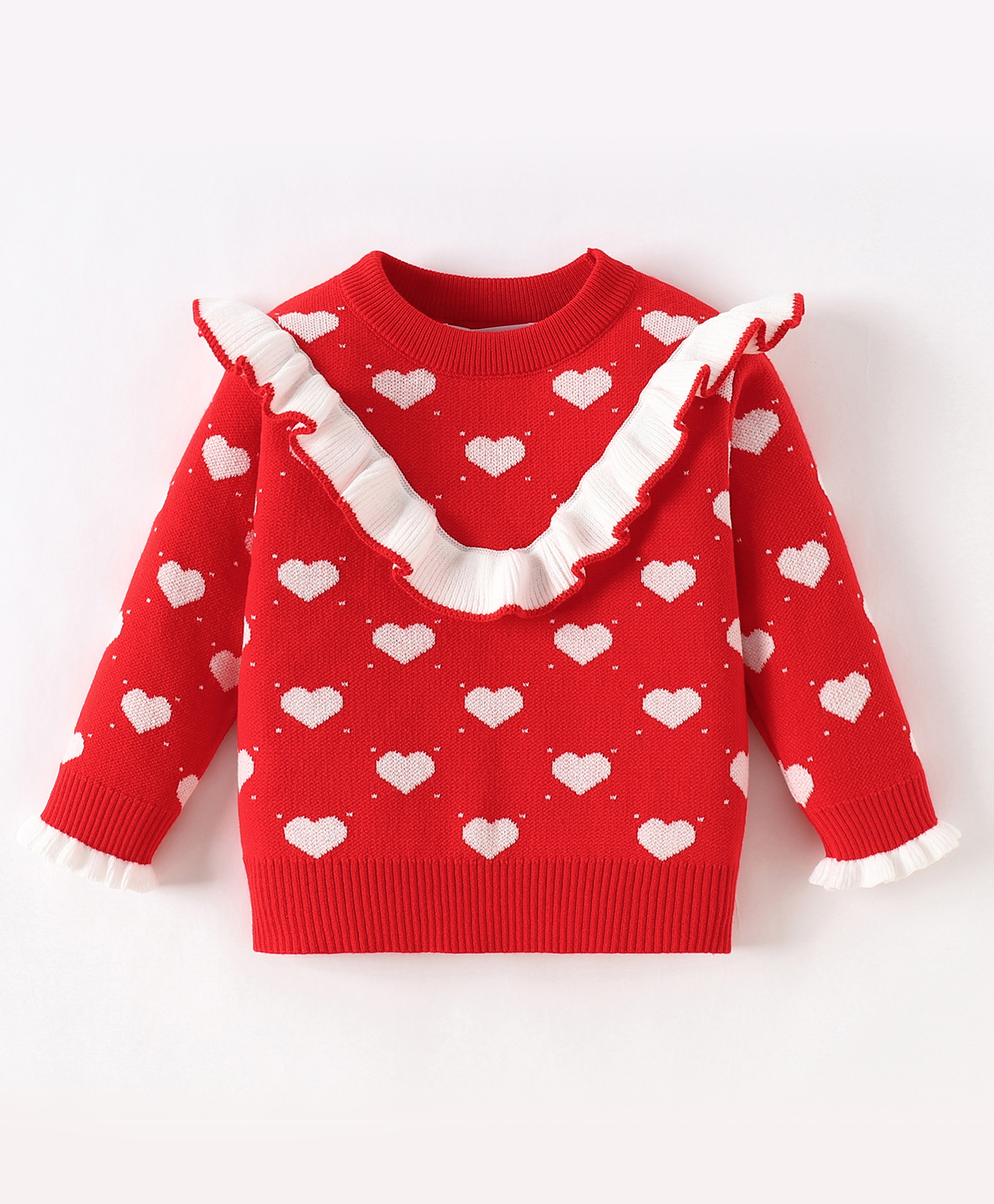 Kookie Kids Knit Full Sleeves Pullover Sweater with Frill Detailing & Hearts Design - Red-image-46