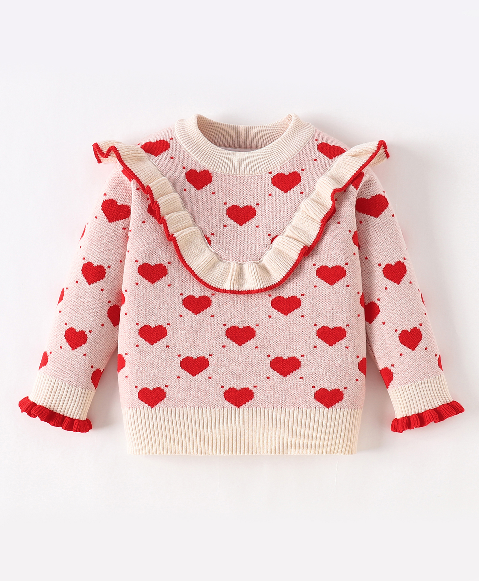Kookie Kids Knit Full Sleeves Pullover Sweater with Frill Detailing & Hearts Design - Cream-image-41