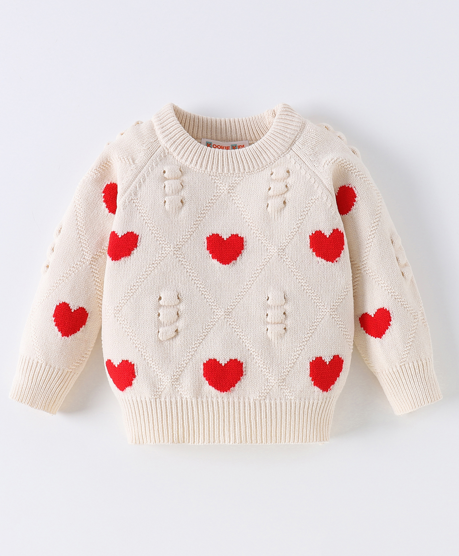 Kookie Kids Full Sleeves Pullover Sweater with Heart Design -Cream-image-33