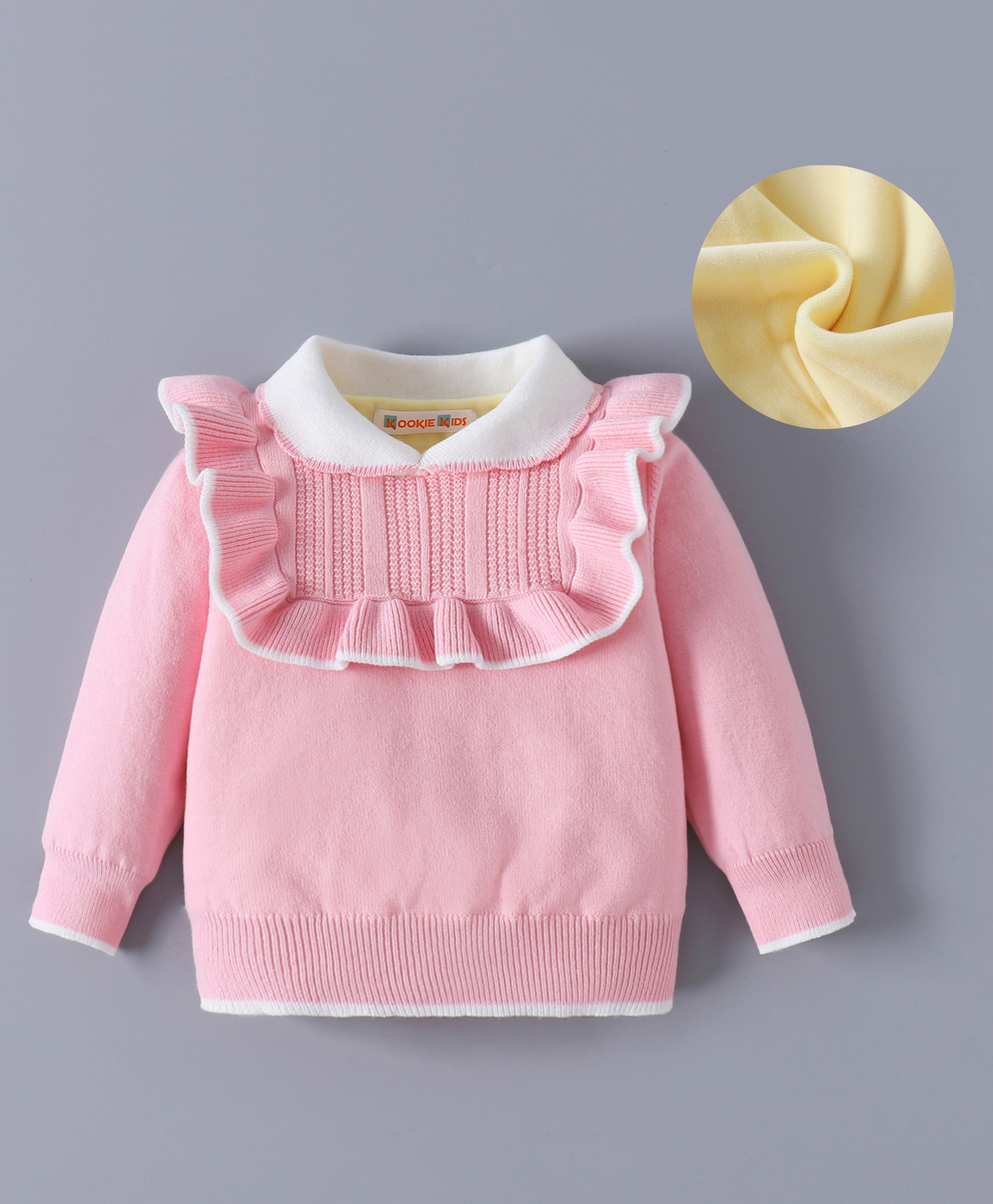 Kookie Kids Full Sleeves Collar Neck Pullover Sweater with Cable Knit Design & Frill Detailing - Pink-image-49