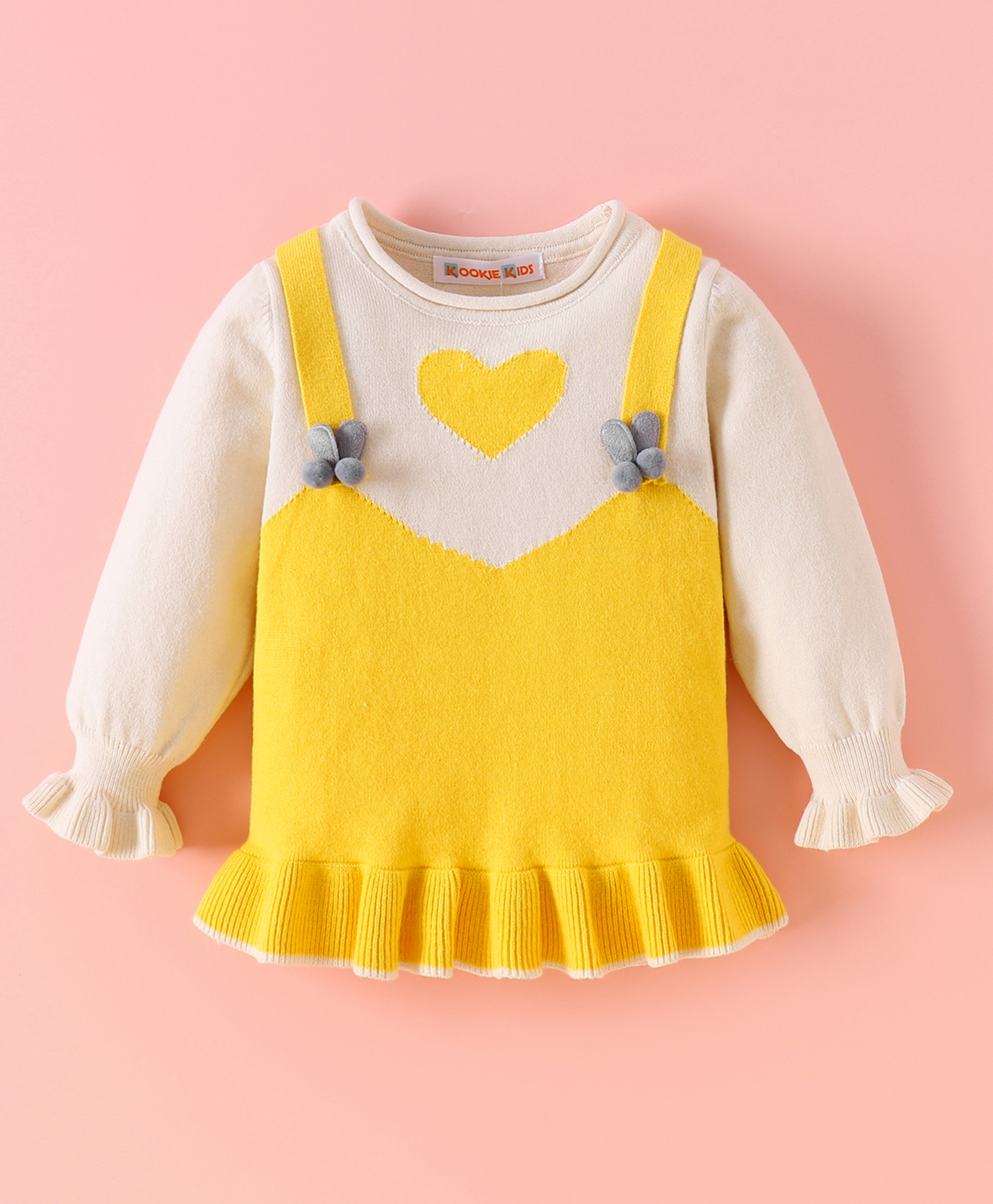 Kookie Kids Full Sleeves Pullover Sweater with Heart Design & Frill Detailing -Yellow-image-18